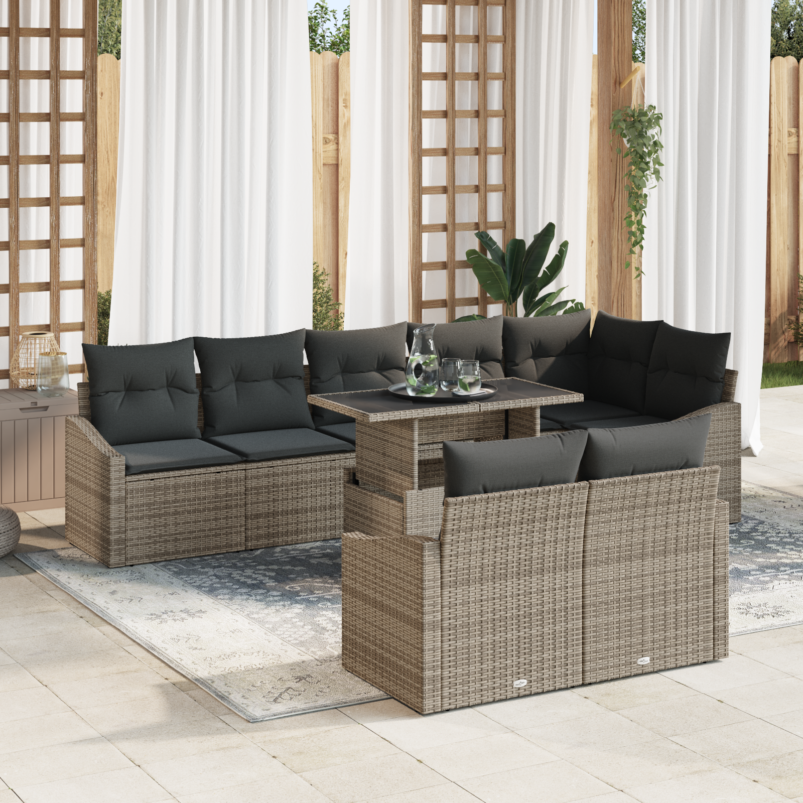 Set Divano Giardino a 9 Pezzi con Cuscini Grigio Polyrattan
