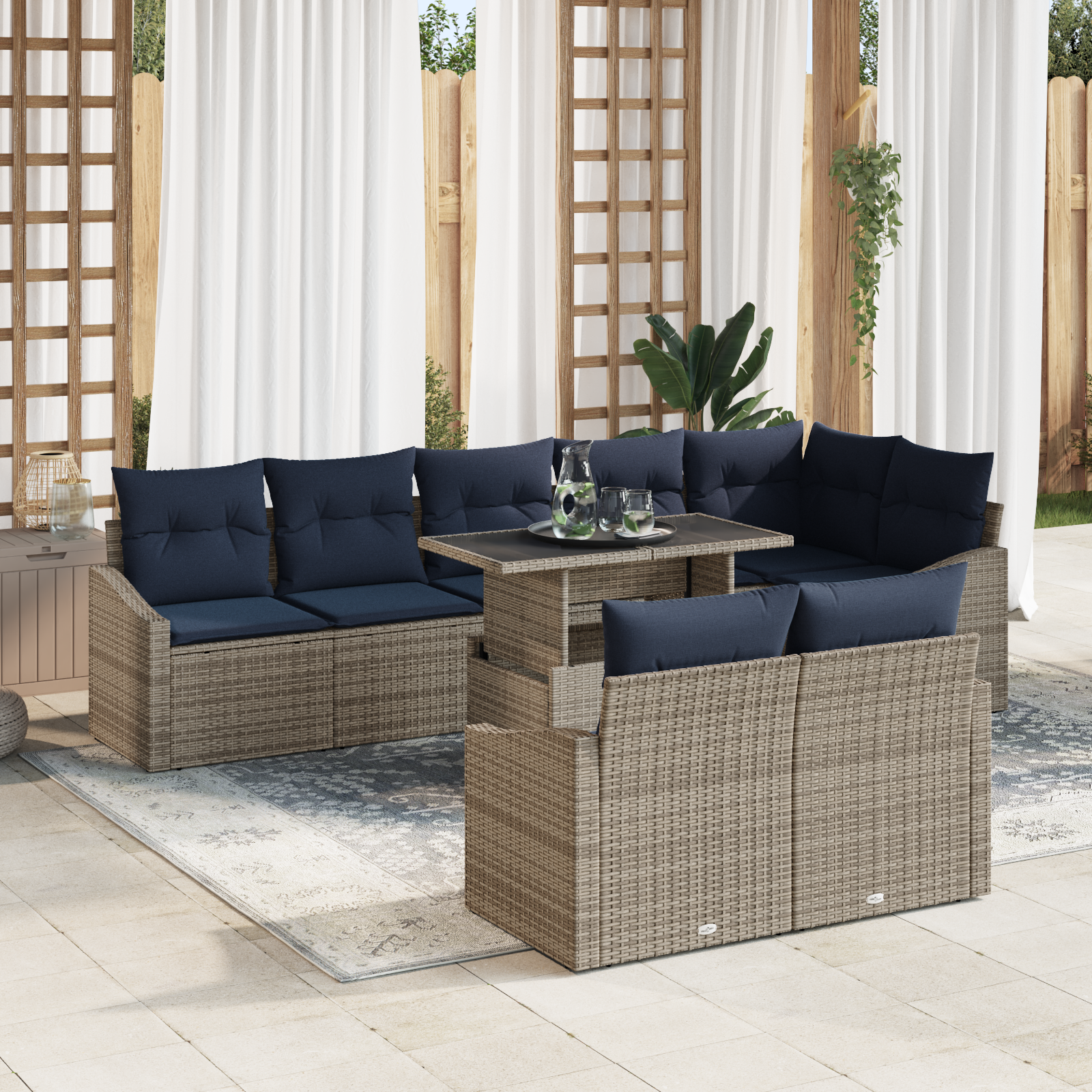 Tuin Sofa Set met kussen met opslag 9 pcs Grijs en Marineblauw - Afbeelding 2