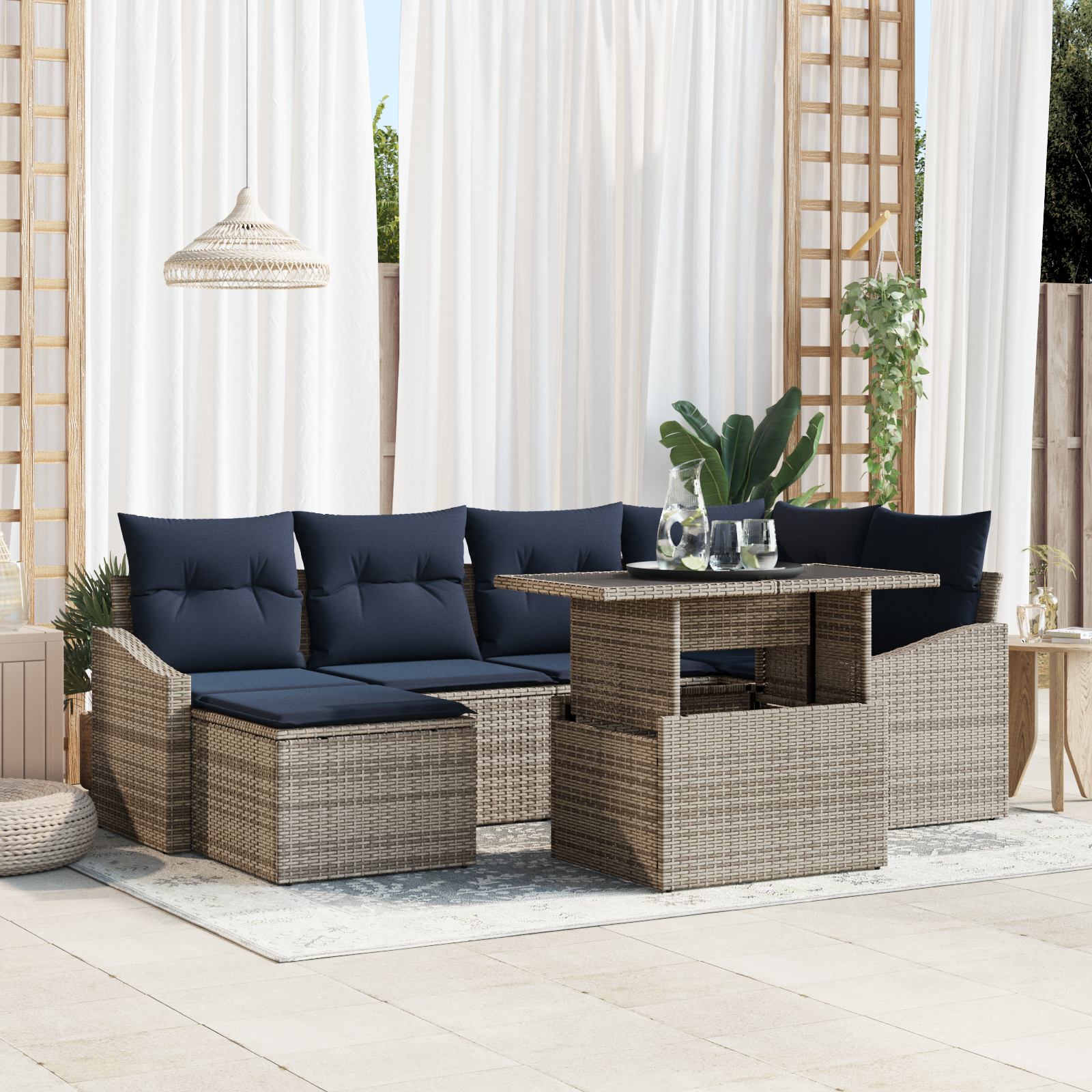 Tuin Sofa Set met kussen met opslag 7 pcs Grijs en Marineblauw - Afbeelding 2