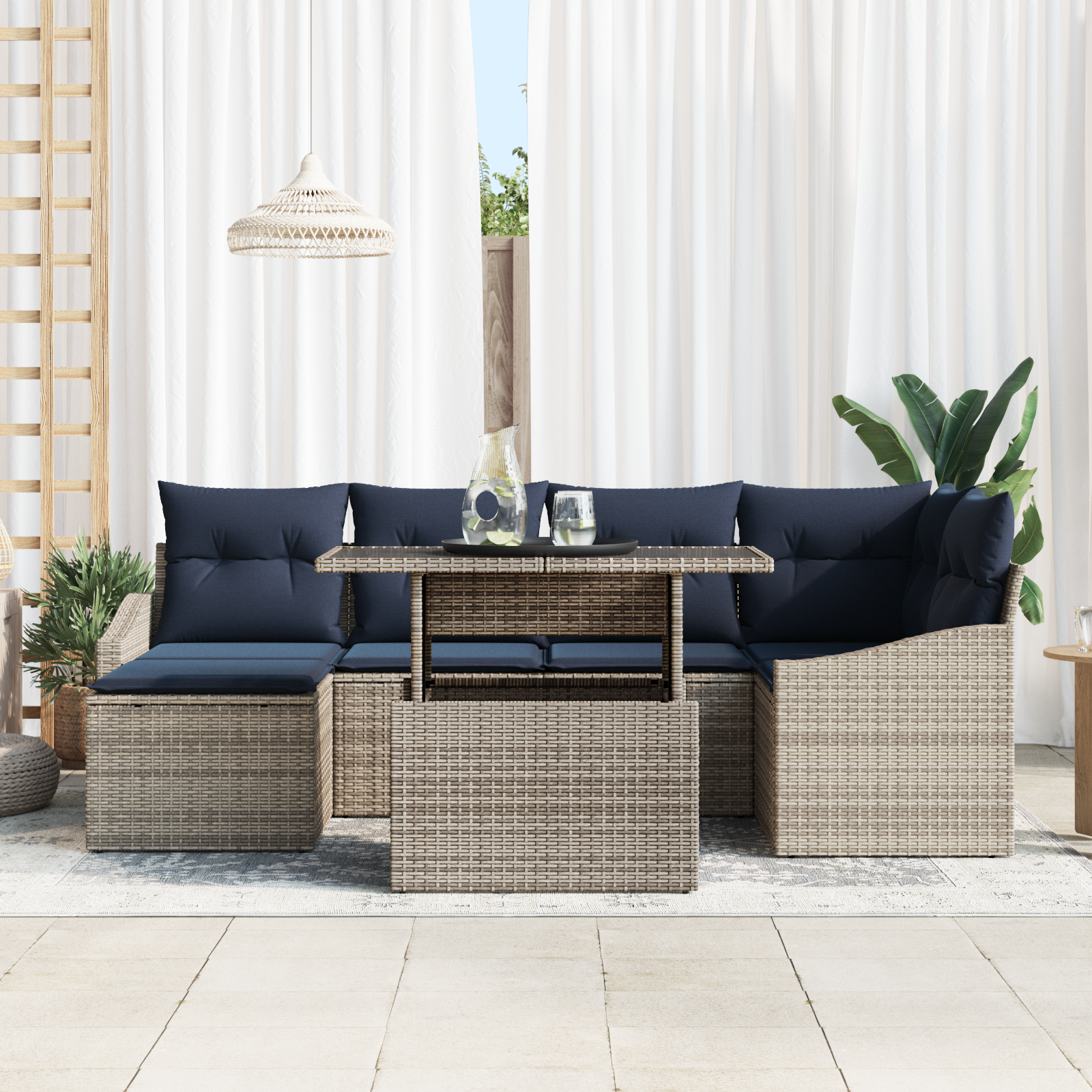 Tuin Sofa Set met kussen met opslag 7 pcs Grijs en Marineblauw - Afbeelding 3