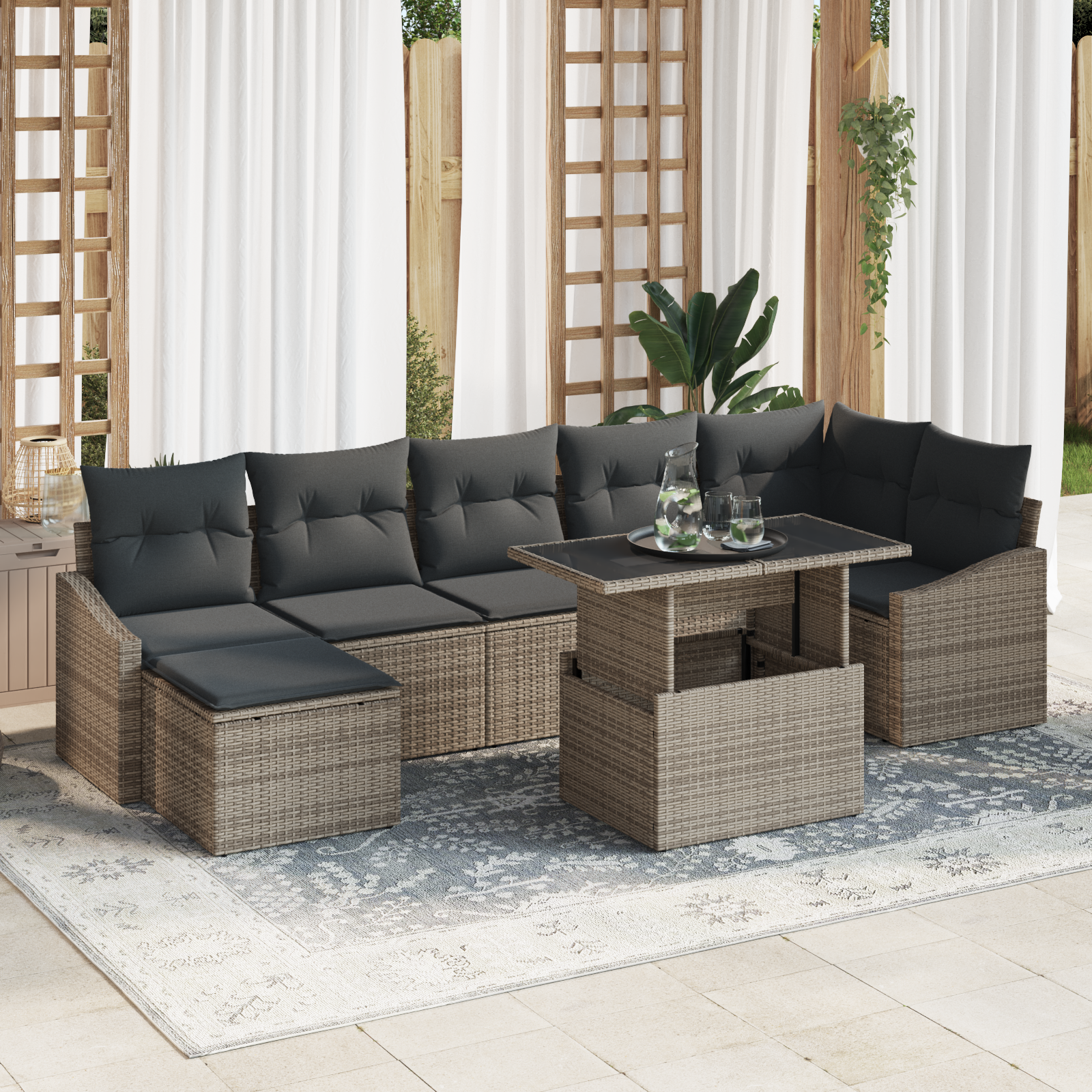 Set di Sofà da Giardino da 8 Pezzi con Cuscini Grigio in Rattan Sintetico
