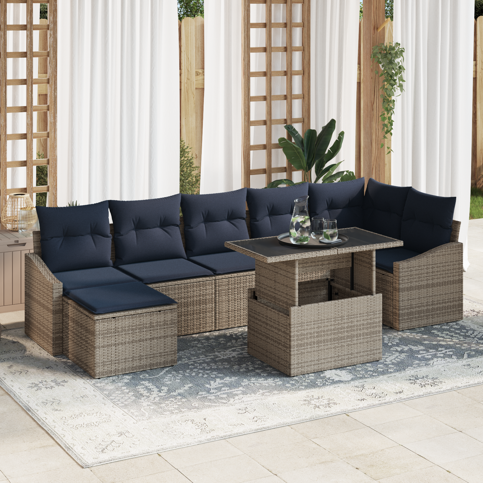 Tuin Sofa Set met kussen met opslag 8 pcs Grijs en Marineblauw - Afbeelding 2