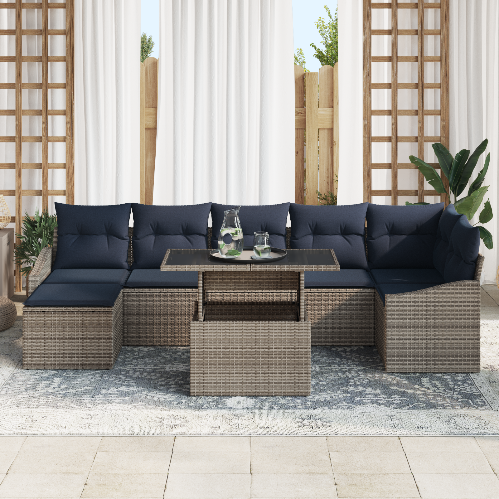 Tuin Sofa Set met kussen met opslag 8 pcs Grijs en Marineblauw - Afbeelding 3