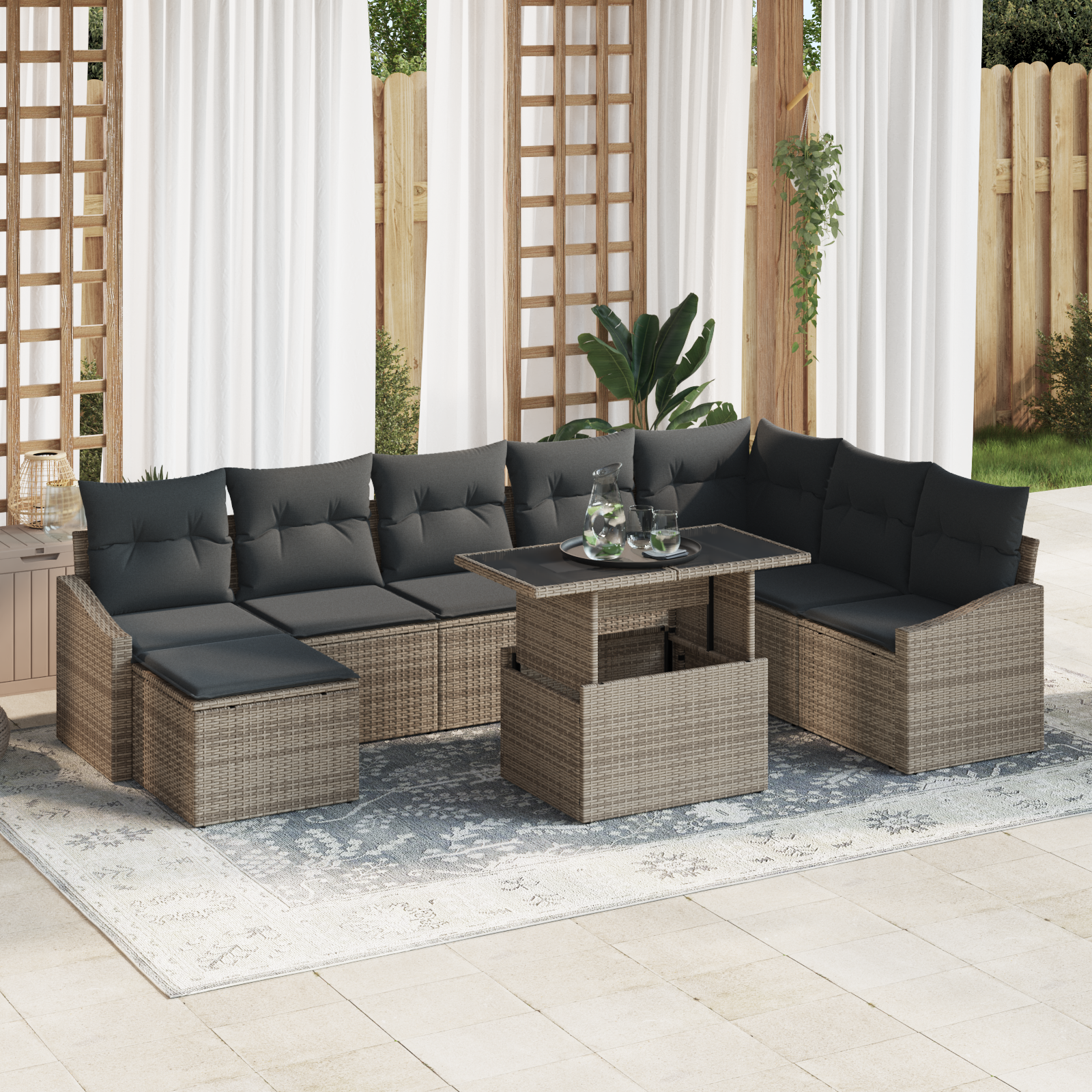 Set di Divano da Giardino a 9 Pezzi con Cuscini Grigio Polyrattan