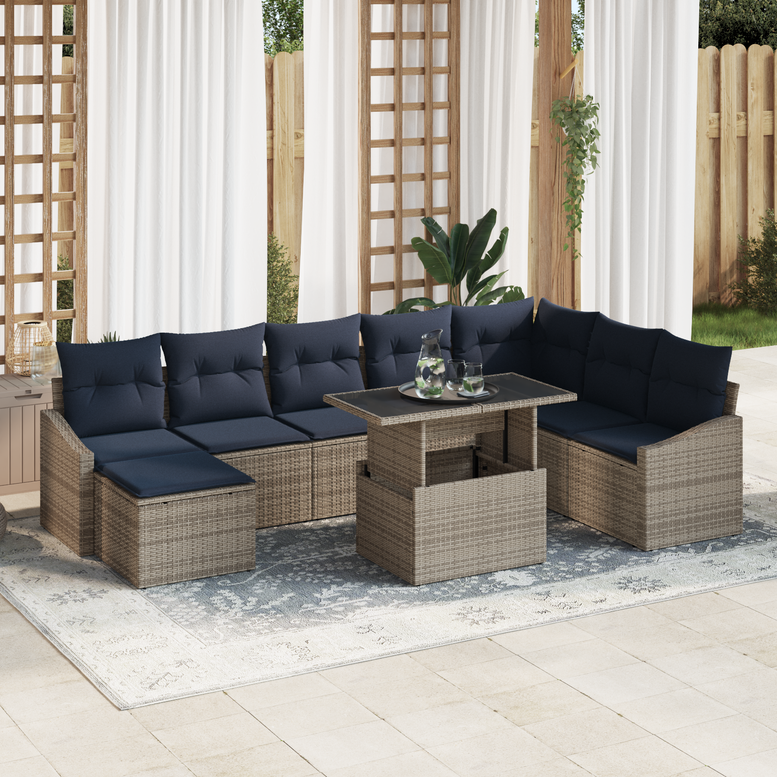 Tuin Sofa Set met kussen met opslag 9 pcs Grijs en Marineblauw - Afbeelding 2