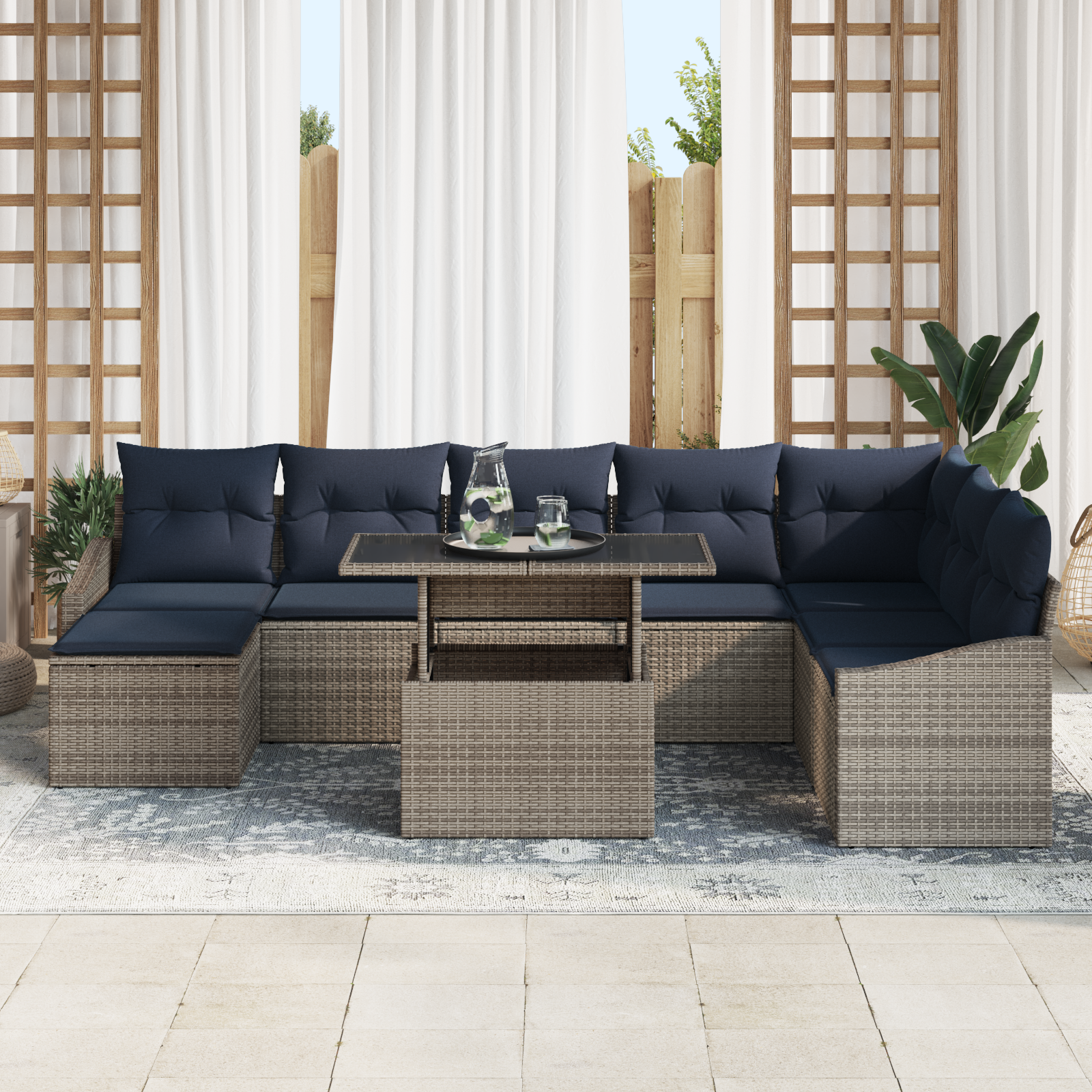 Tuin Sofa Set met kussen met opslag 9 pcs Grijs en Marineblauw - Afbeelding 3
