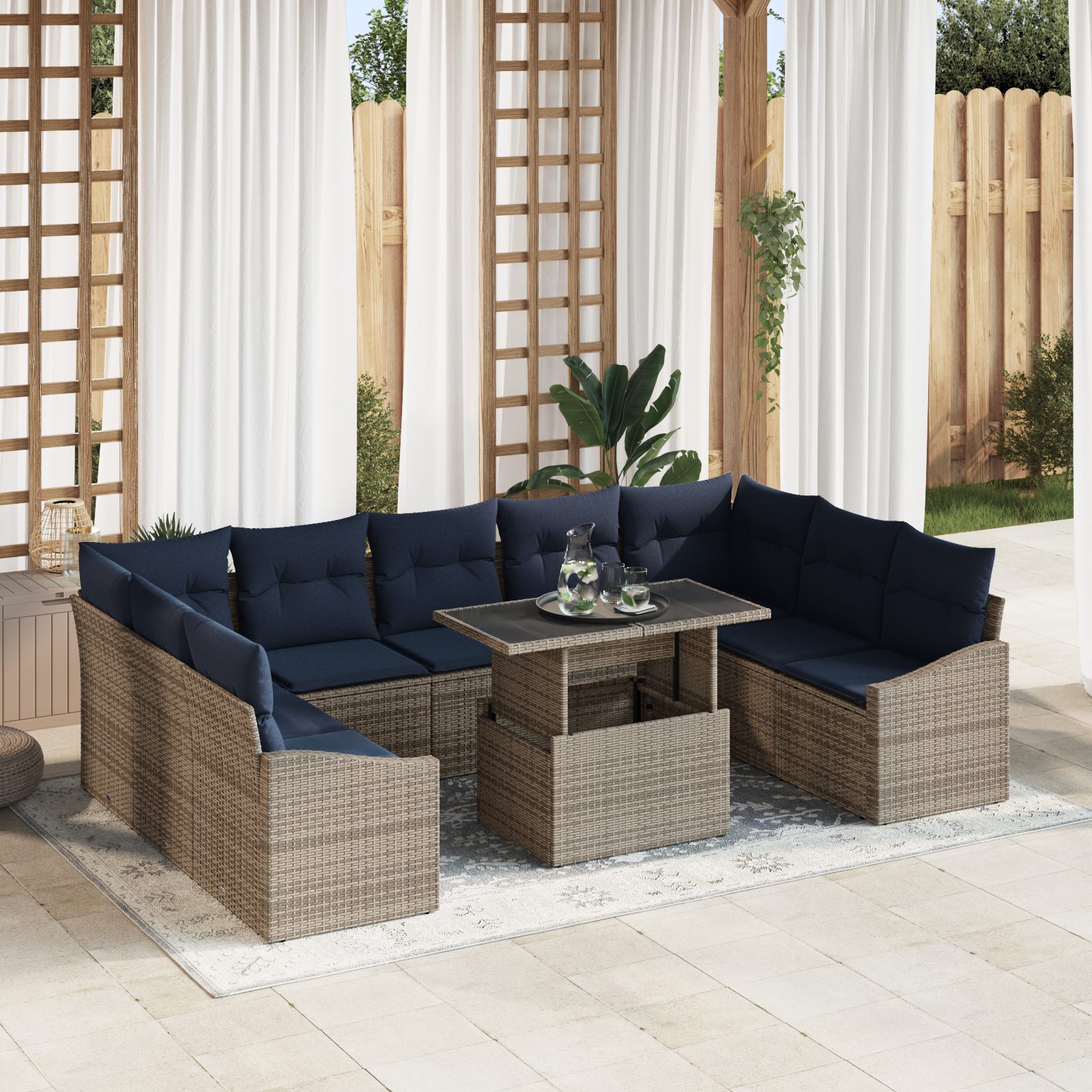 Tuin Sofa Set met kussen met opslag 10 pcs Grijs en Marineblauw - Afbeelding 2