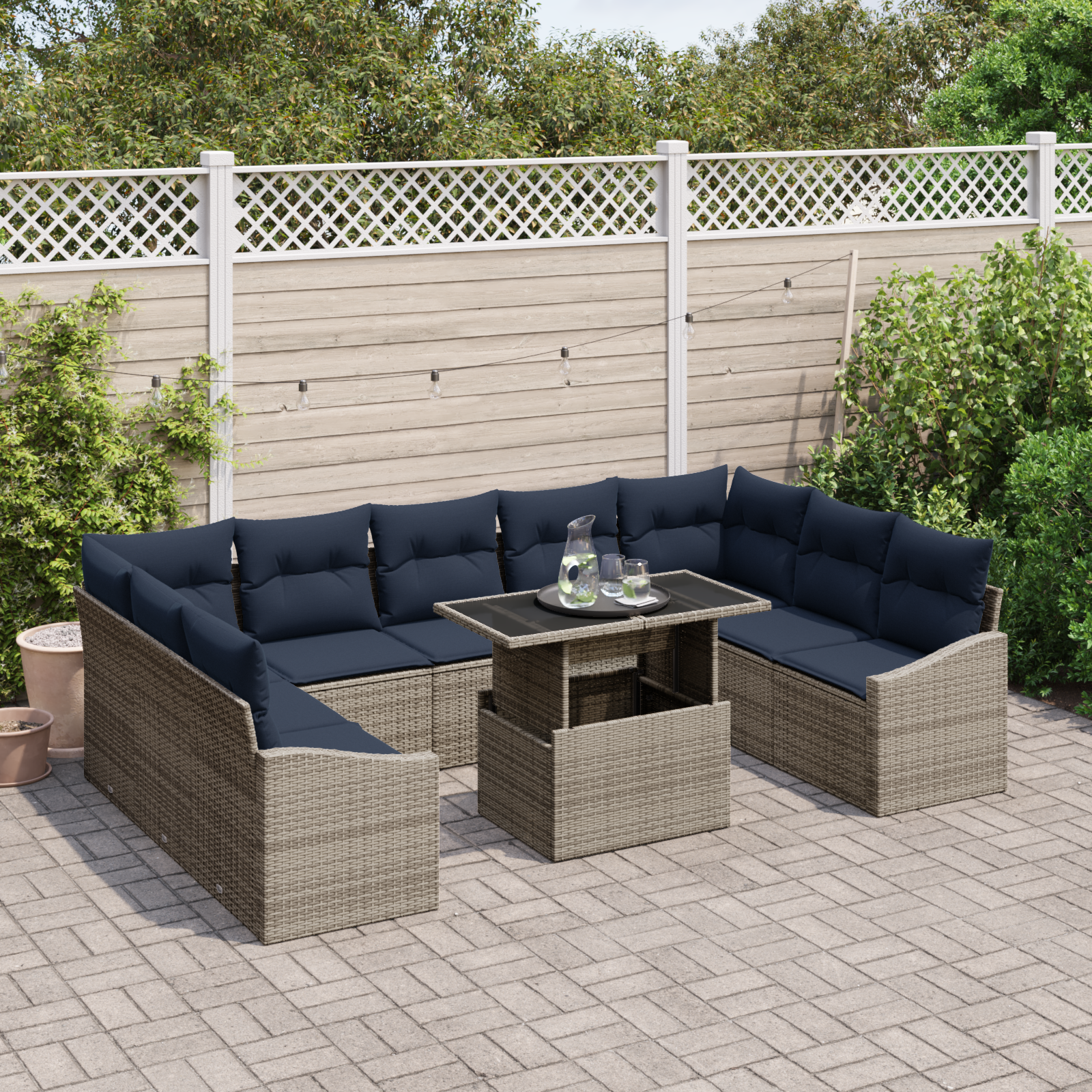 Tuin Sofa Set met kussen met opslag 10 pcs Grijs en Marineblauw - Afbeelding 3