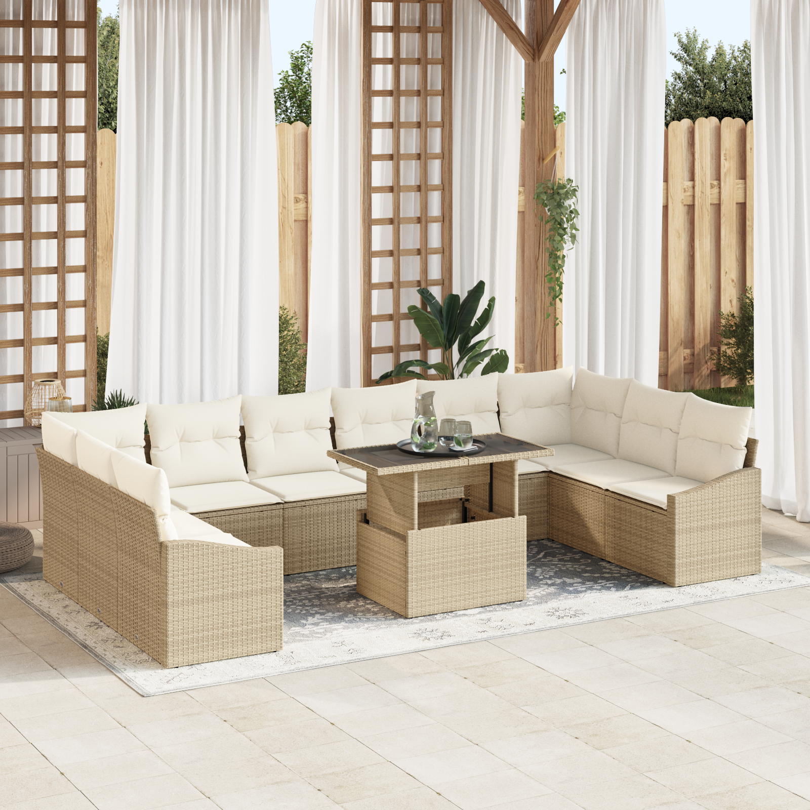 Set Divano da Giardino in 11 Pezzi con Cuscini Beige in Rattan Sintetico