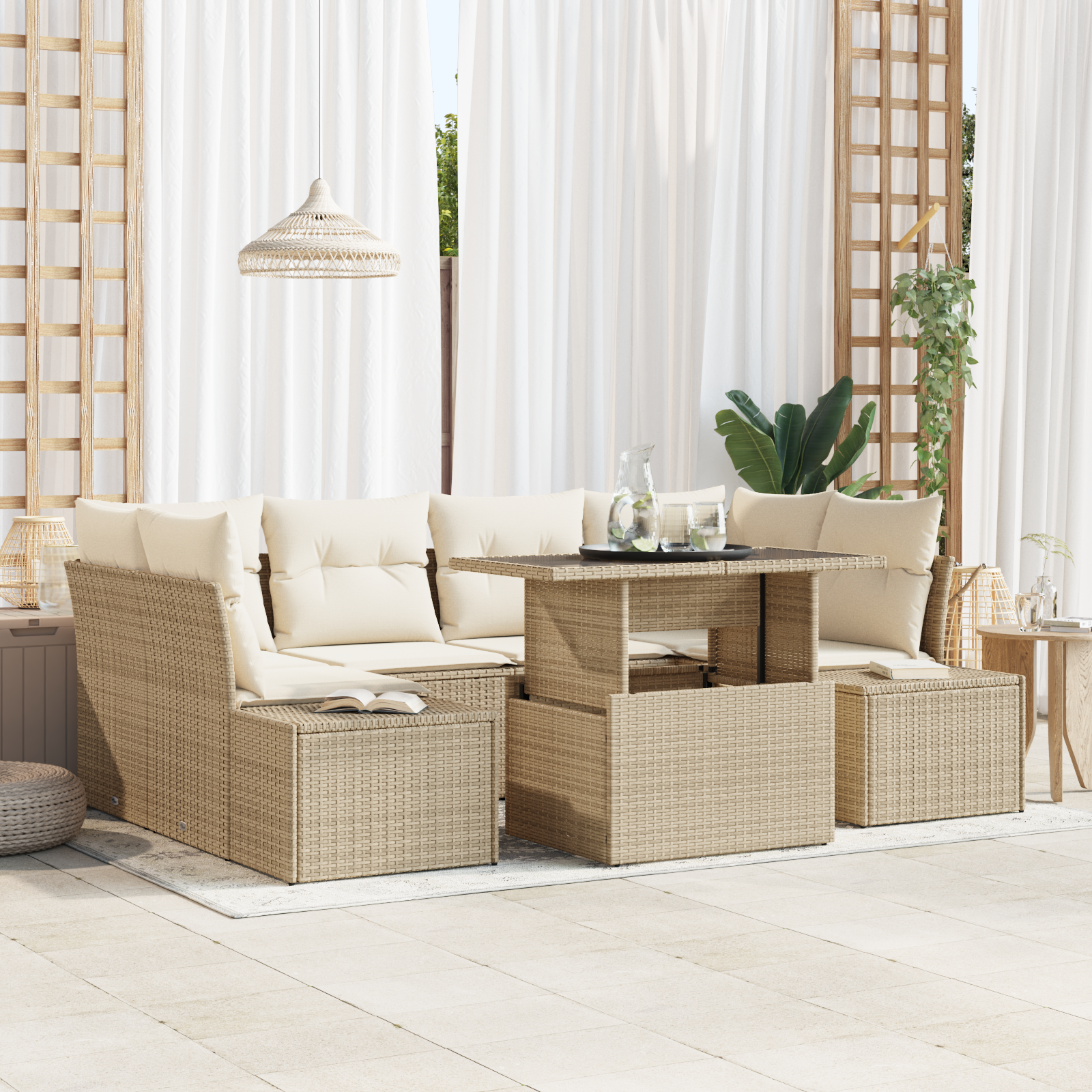 Set Divano da Giardino 7 Pezzi con Cuscini Beige in Rattan Poli