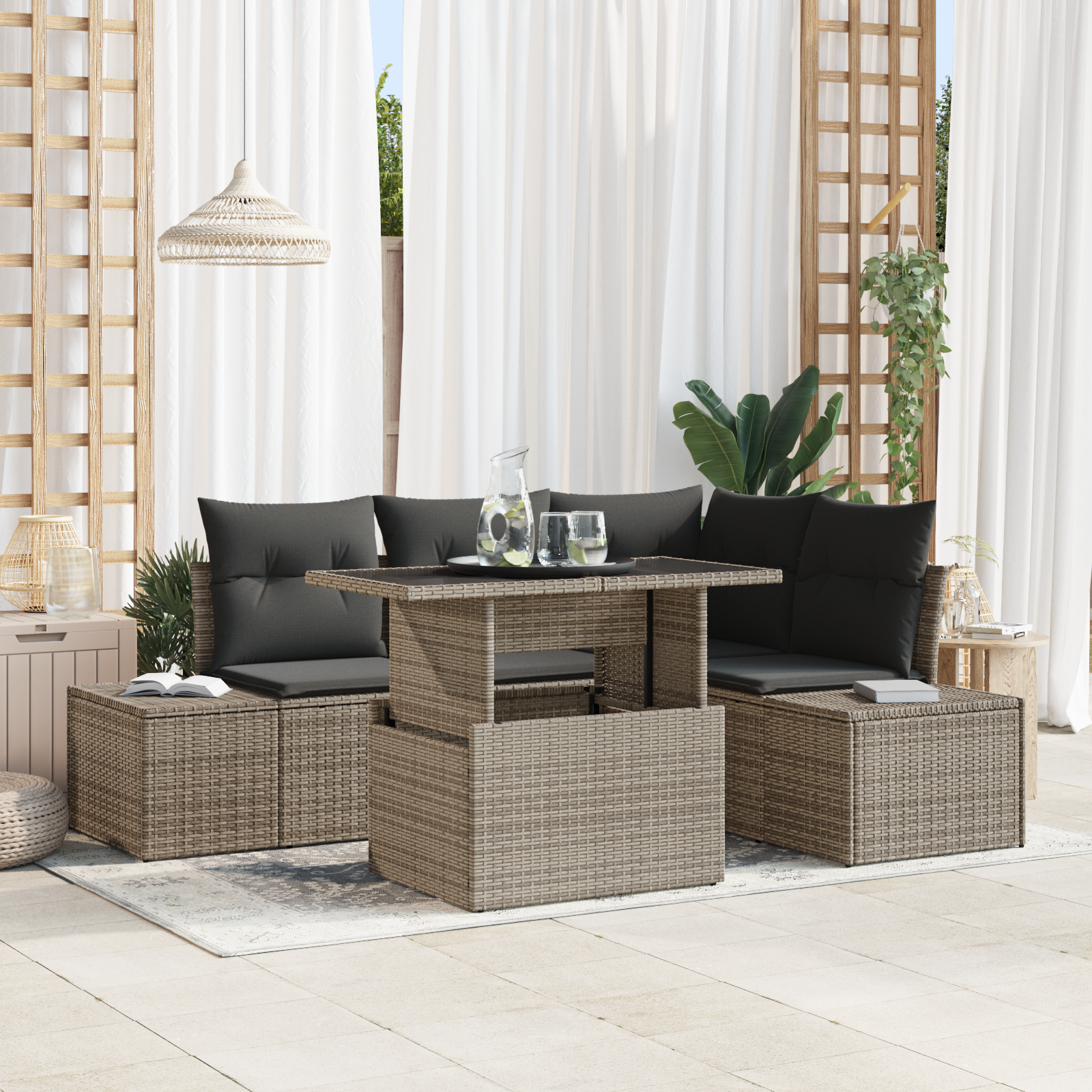 Garden Sofa Set Комплект от 5 части Сиво Ратан, Полиестер