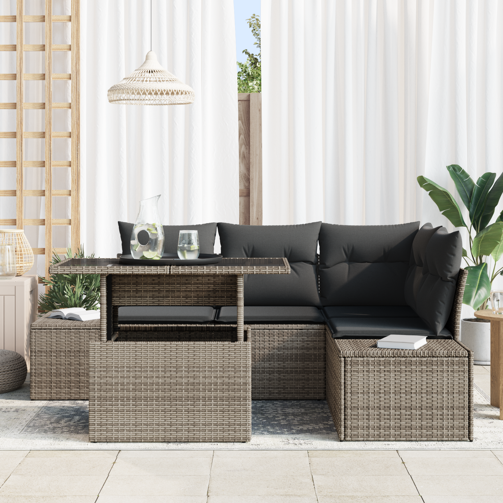 Garden Sofa Set Комплект от 5 части Сиво Ратан, Полиестер - Image 3