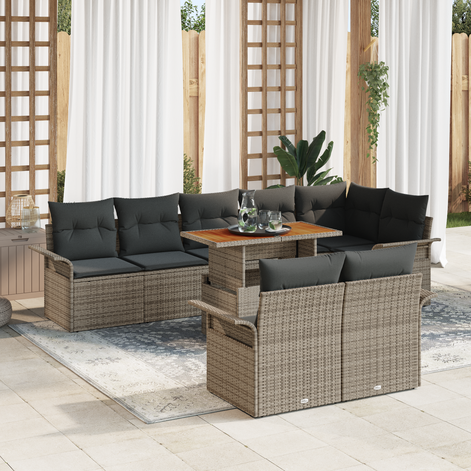 Set Divano da Giardino in 9 Pezzi con Cuscini Grigio Polirattan