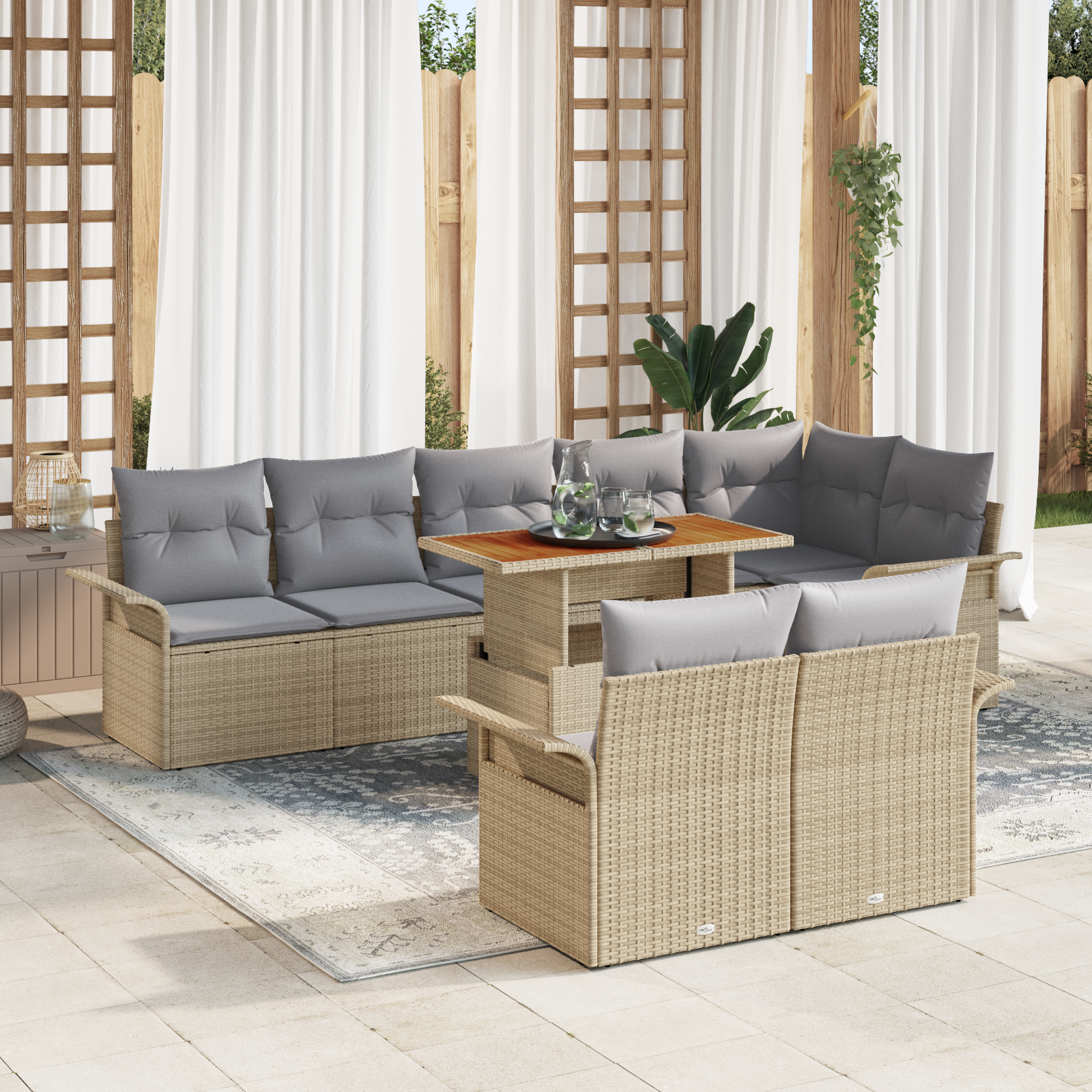 Set Giardino Cuscini Beige Poly Rattan 9 Pezzi