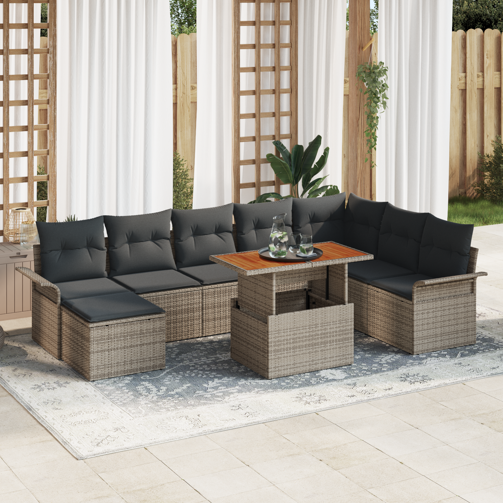 Set di divano da giardino 9 pezzi con cuscini grigi in polyrattan