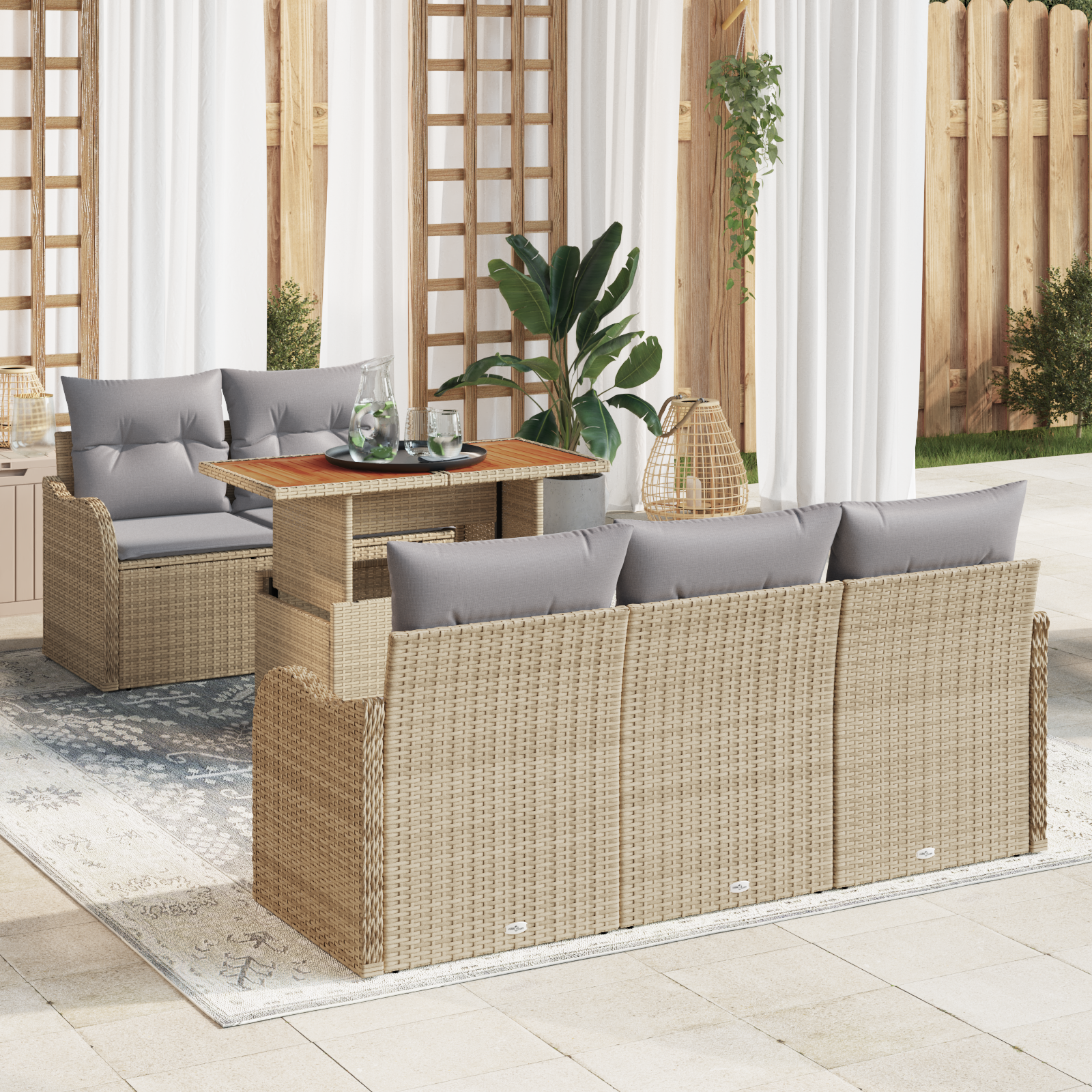 Conjunto de Sofá de Jardim de 6 Peças com Almofadas Bege Rattan Poly Conjunto de Sofá de Jardim de 6 Peças com Almofadas Bege Rattan Poly