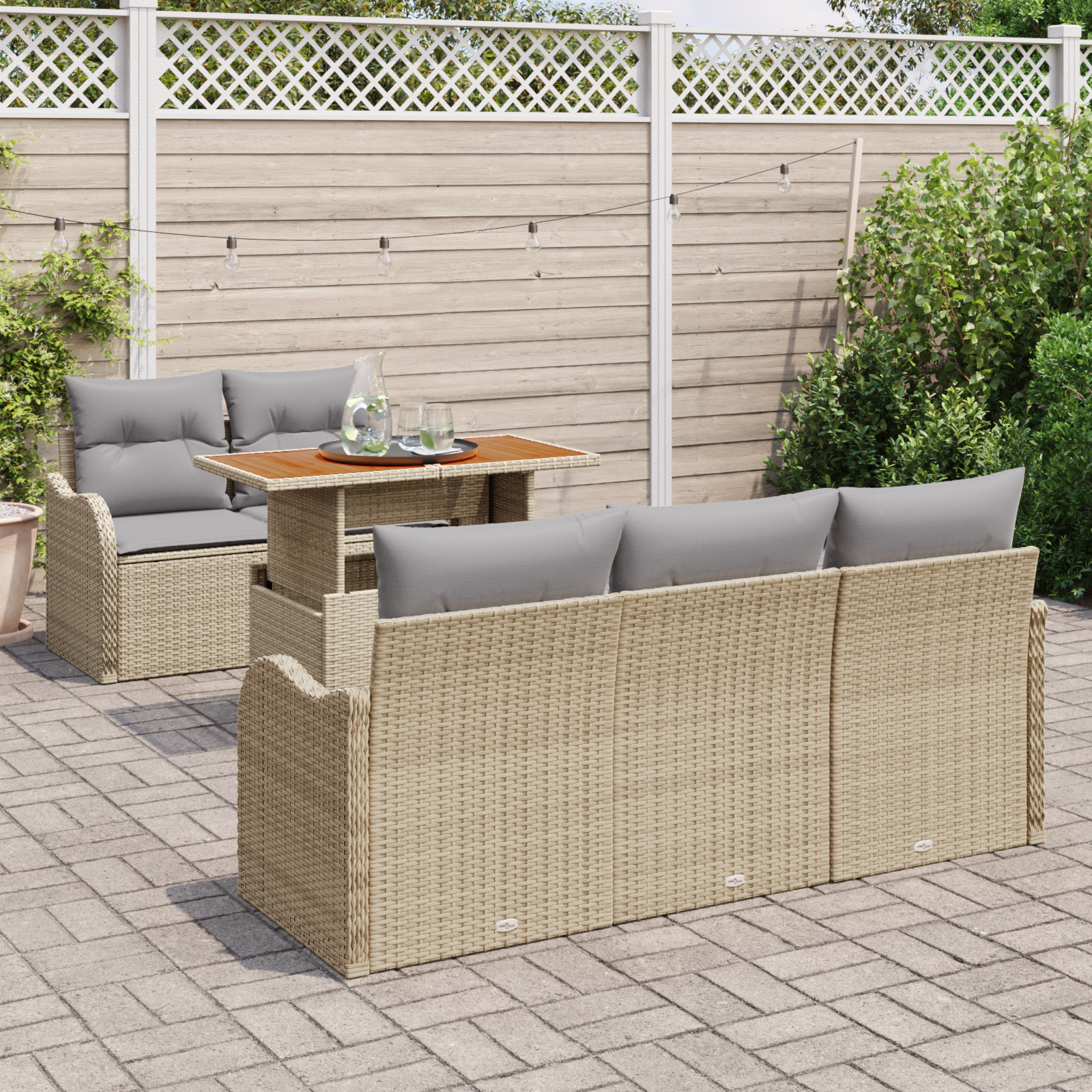 Conjunto de Sofá de Jardim de 6 Peças com Almofadas Bege Rattan Poly