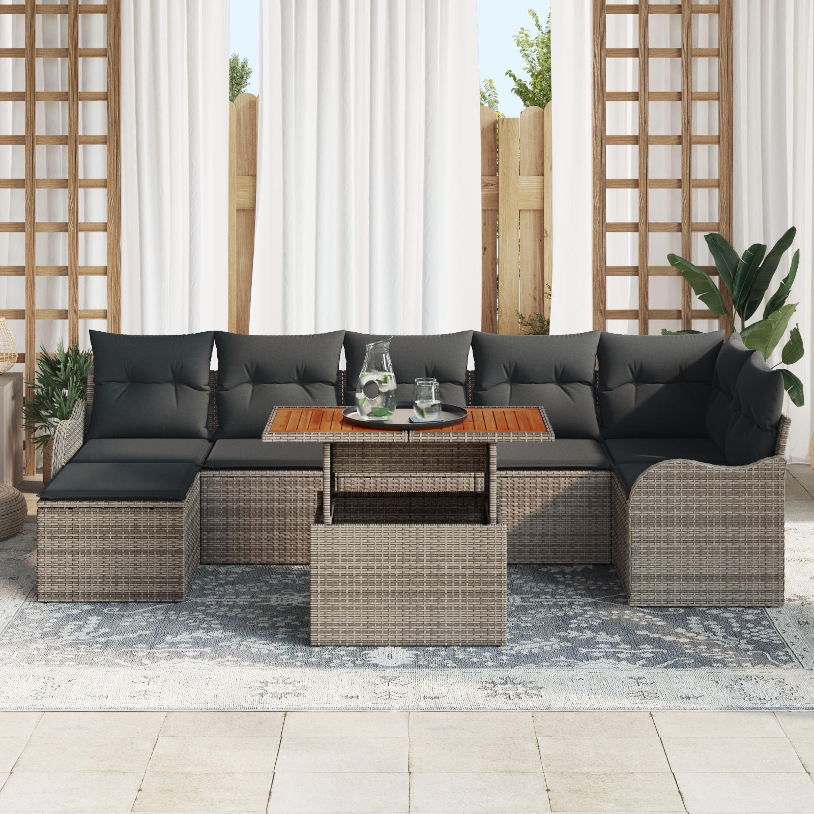 Set da Divano da Giardino 8 Pezzi con Cuscini Grigio Rattan Sintetico