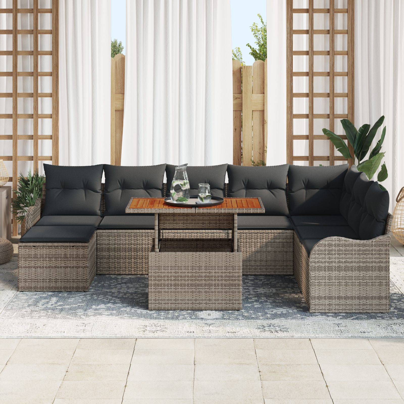 Set di divani da giardino 9 pezzi con cuscini Grigio Rattan in PE