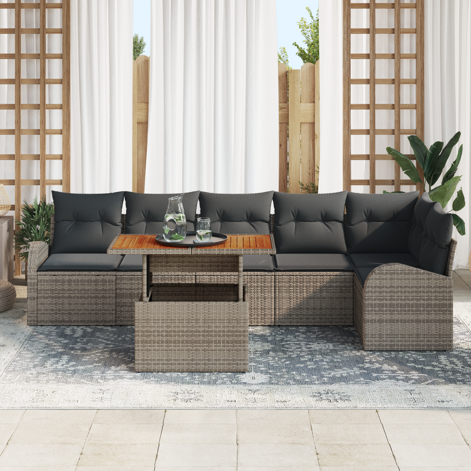 Thumbnail - vidaXL 7-teiliges Garten-Sofaset mit Kissen in Grau aus Polyrattan