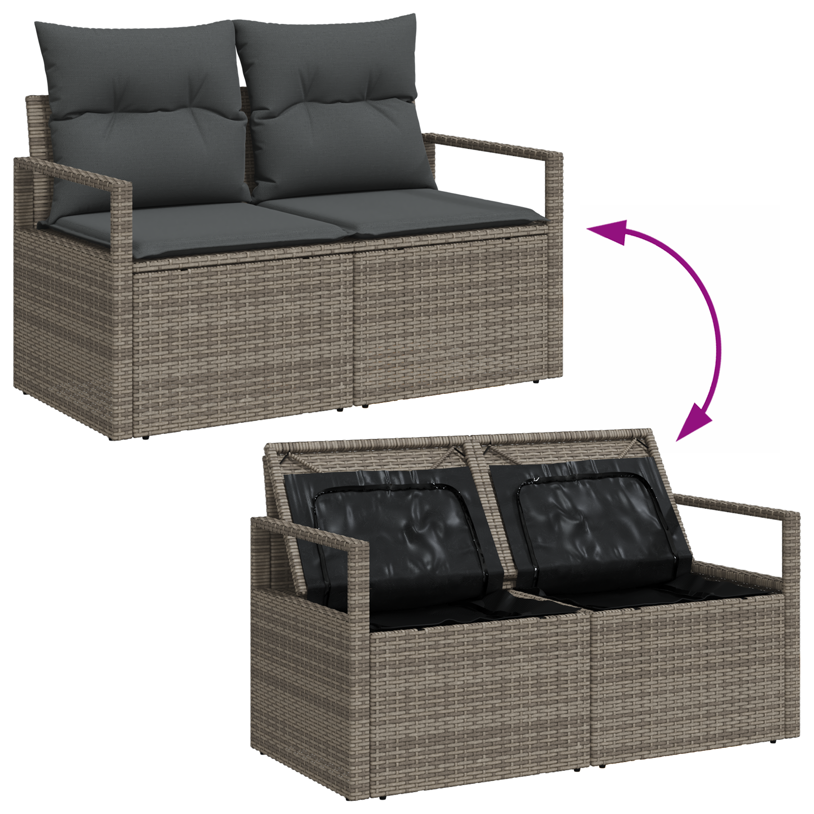 Conjunto de Sofás de Jardim de 6 Peças com Almofadas Cinzas de Rattan Poly, Sofá de Jardim de com Armazenamento & Almofadas Cinza Poly Rattan