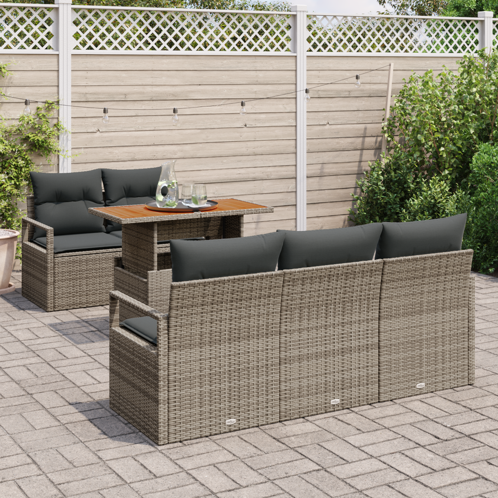 Conjunto de Sofás de Jardim de 6 Peças com Almofadas Cinzas de Rattan Poly, Sofá de Jardim de com Armazenamento & Almofadas Cinza Poly Rattan