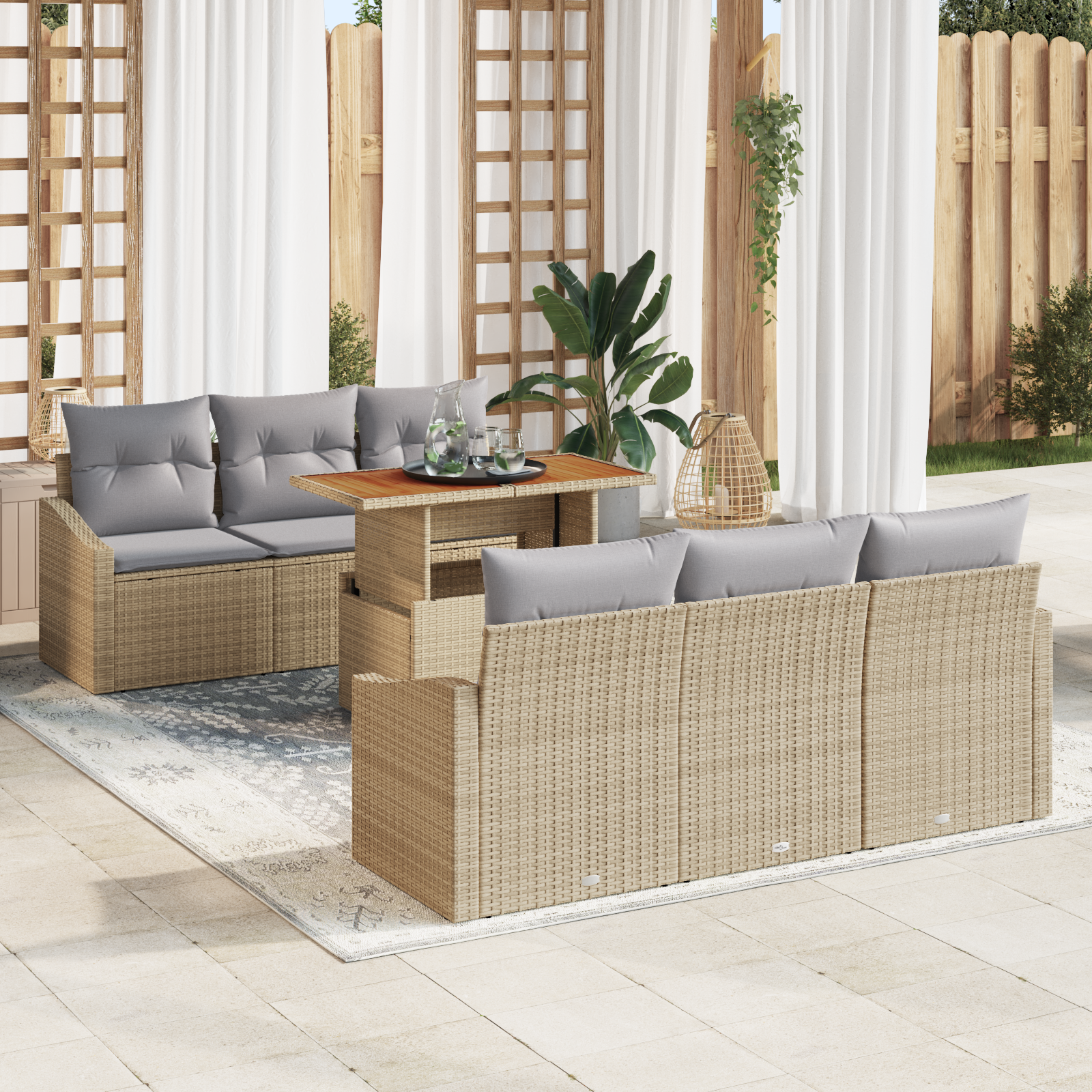 Conjunto de Sofá de Jardim de 7 Peças com Almofadas Bege em Rattan Sintético Conjunto de Sofá de Jardim de 7 Peças com Almofadas Bege em Rattan Sintético