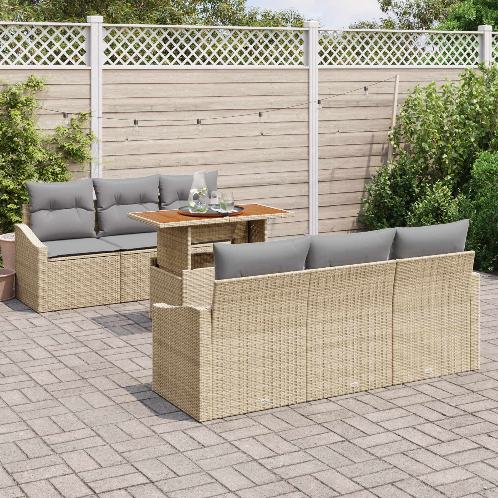 Conjunto de Sofá de Jardim de 7 Peças com Almofadas Bege em Rattan Sintético