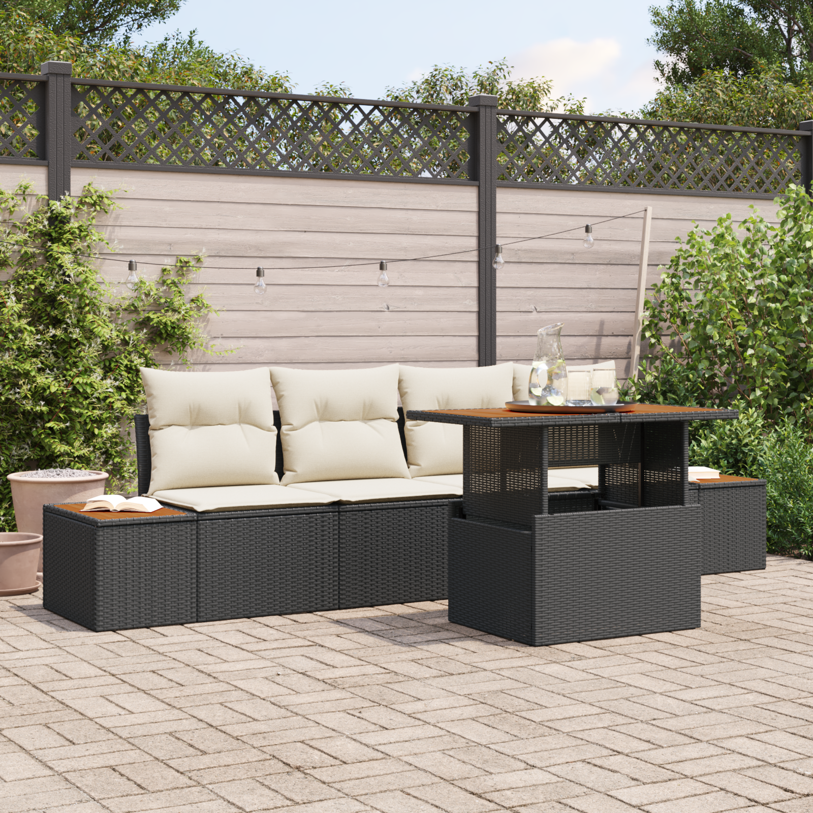 Conjunto de Sofá Externo de 5 Peças com Almofadas Preto Rattan Poly, Sofá de Jardim de com Armazenamento e Almofadas Preto Rattan Poly Conjunto de Sofá Externo de 5 Peças com Almofadas Preto Rattan Poly, Sofá de Jardim de com Armazenamento e Almofadas Preto Rattan Poly