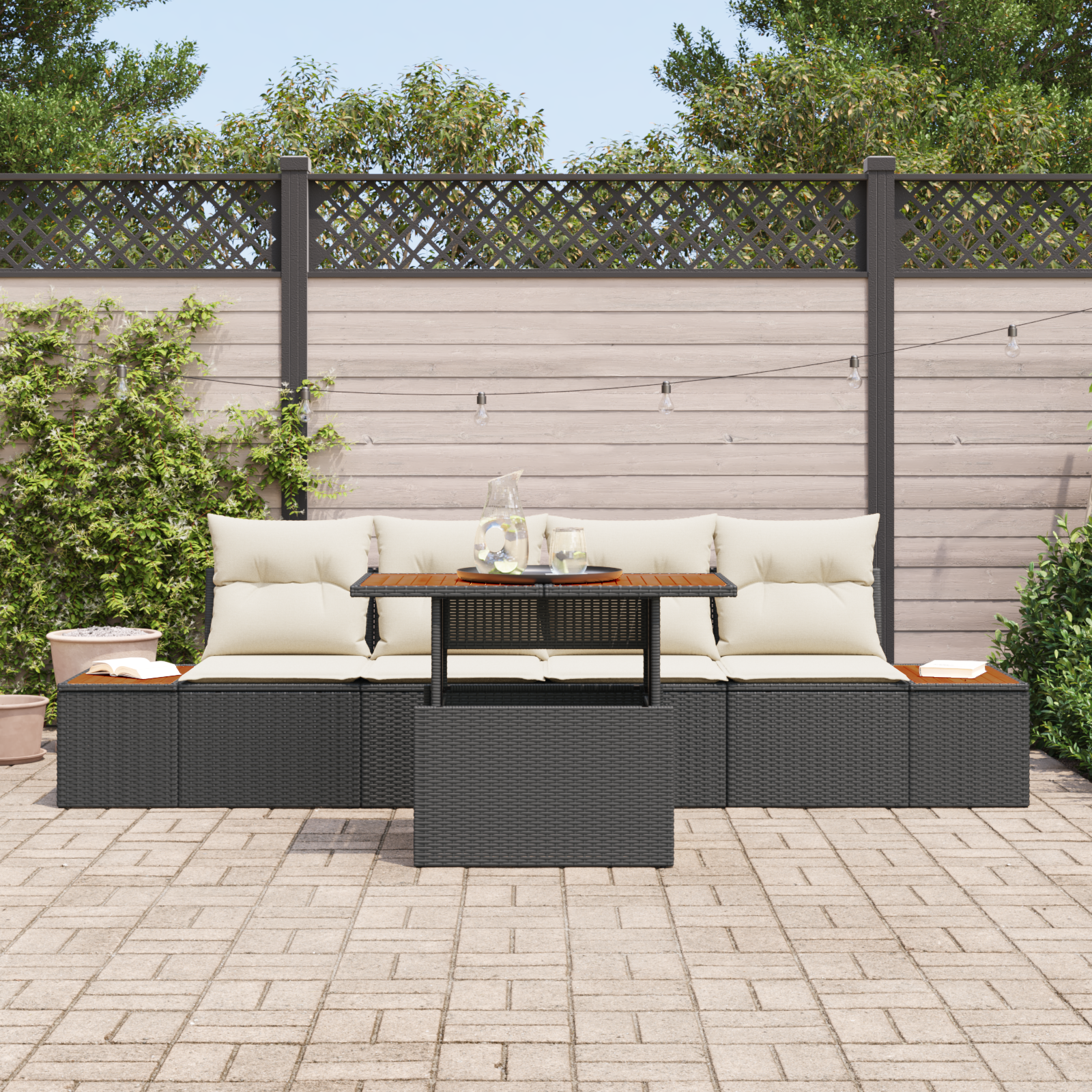 Conjunto de Sofá Externo de 5 Peças com Almofadas Preto Rattan Poly, Sofá de Jardim de com Armazenamento e Almofadas Preto Rattan Poly