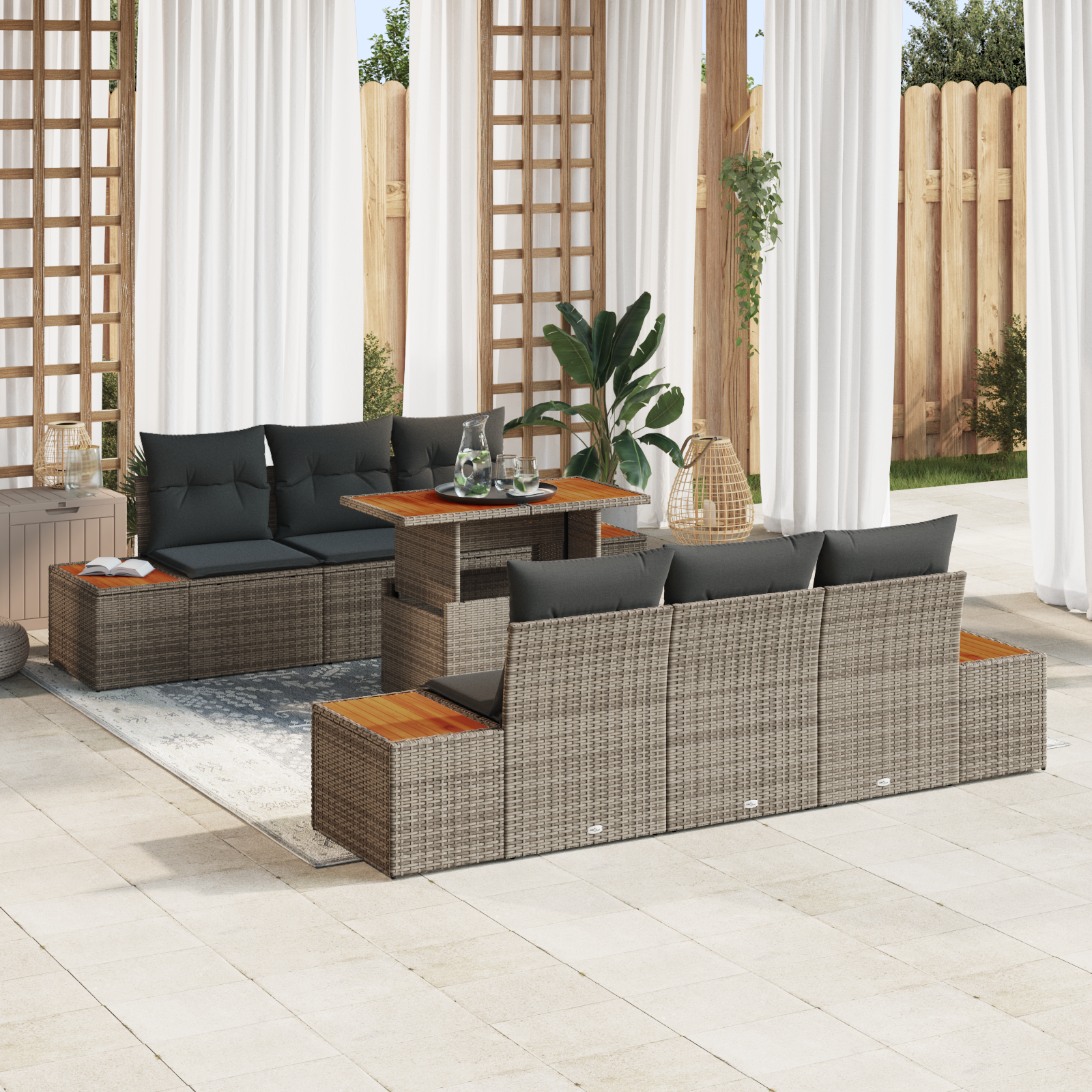 Conjunto de Sofá de Jardim 7 Peças com Almofadas Cinza Rattan Poliéster, Sofá de Jardim com Armazenamento & Almofadas Cinza Rattan Poliéster Conjunto de Sofá de Jardim 7 Peças com Almofadas Cinza Rattan Poliéster, Sofá de Jardim com Armazenamento & Almofadas Cinza Rattan Poliéster
