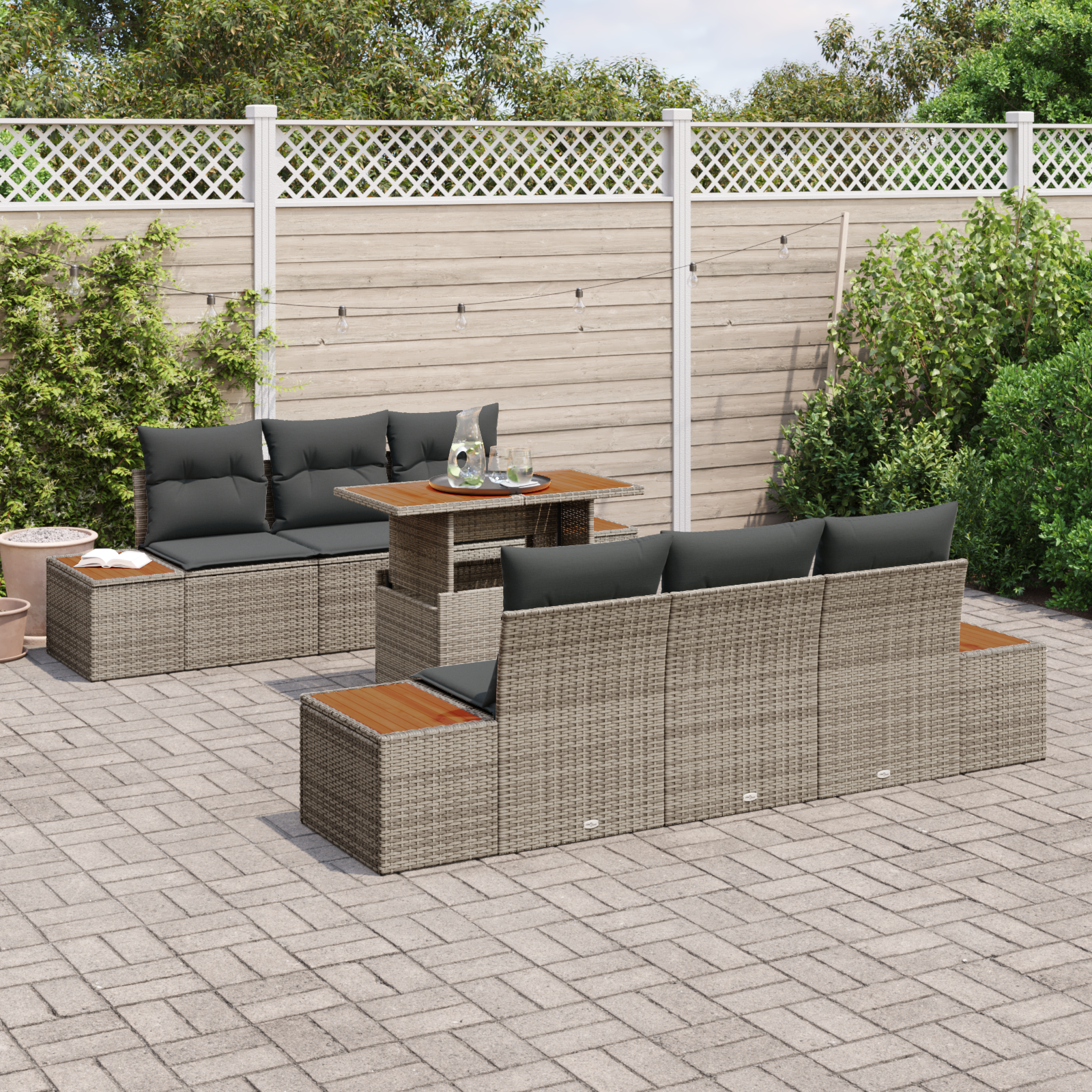 Conjunto de Sofá de Jardim 7 Peças com Almofadas Cinza Rattan Poliéster, Sofá de Jardim com Armazenamento & Almofadas Cinza Rattan Poliéster