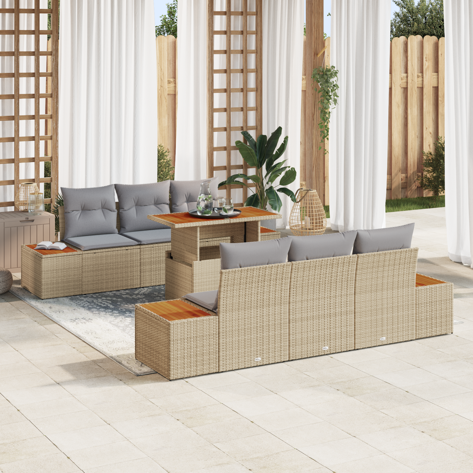Thumbnail - vidaXL 7-teiliges Gartenmöbelset mit Kissen Beige Poly Rattan
