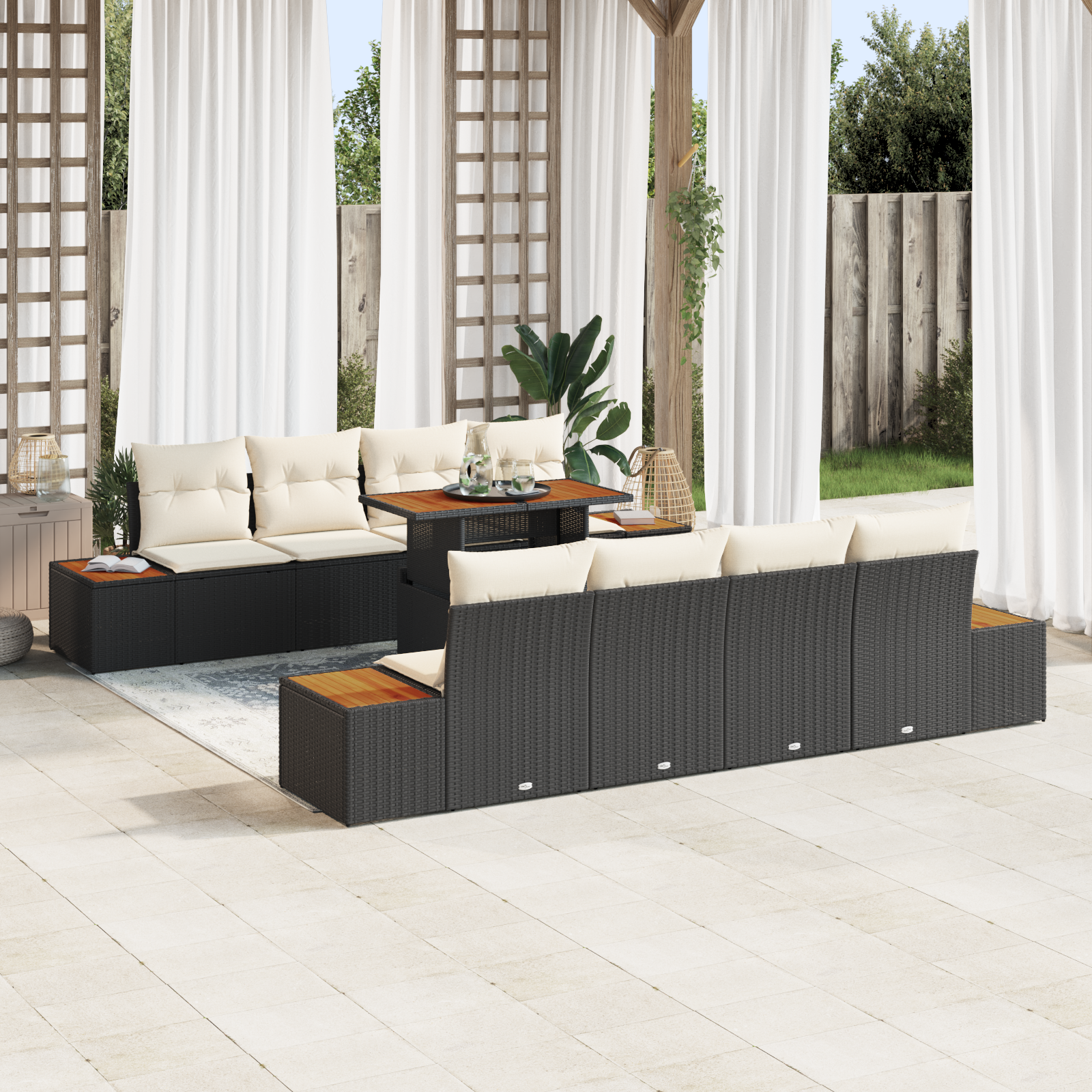Conjunto de Sofá Jardim 9 Peças com Almofadas Vime PE Preto, Sofá Jardim com Armazenamento e Almofadas Vime PE Preto Conjunto de Sofá Jardim 9 Peças com Almofadas Vime PE Preto, Sofá Jardim com Armazenamento e Almofadas Vime PE Preto