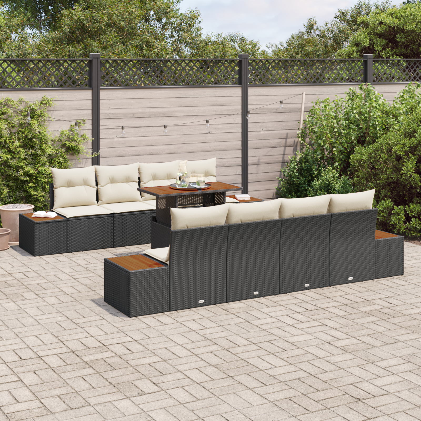 Conjunto de Sofá Jardim 9 Peças com Almofadas Vime PE Preto, Sofá Jardim com Armazenamento e Almofadas Vime PE Preto