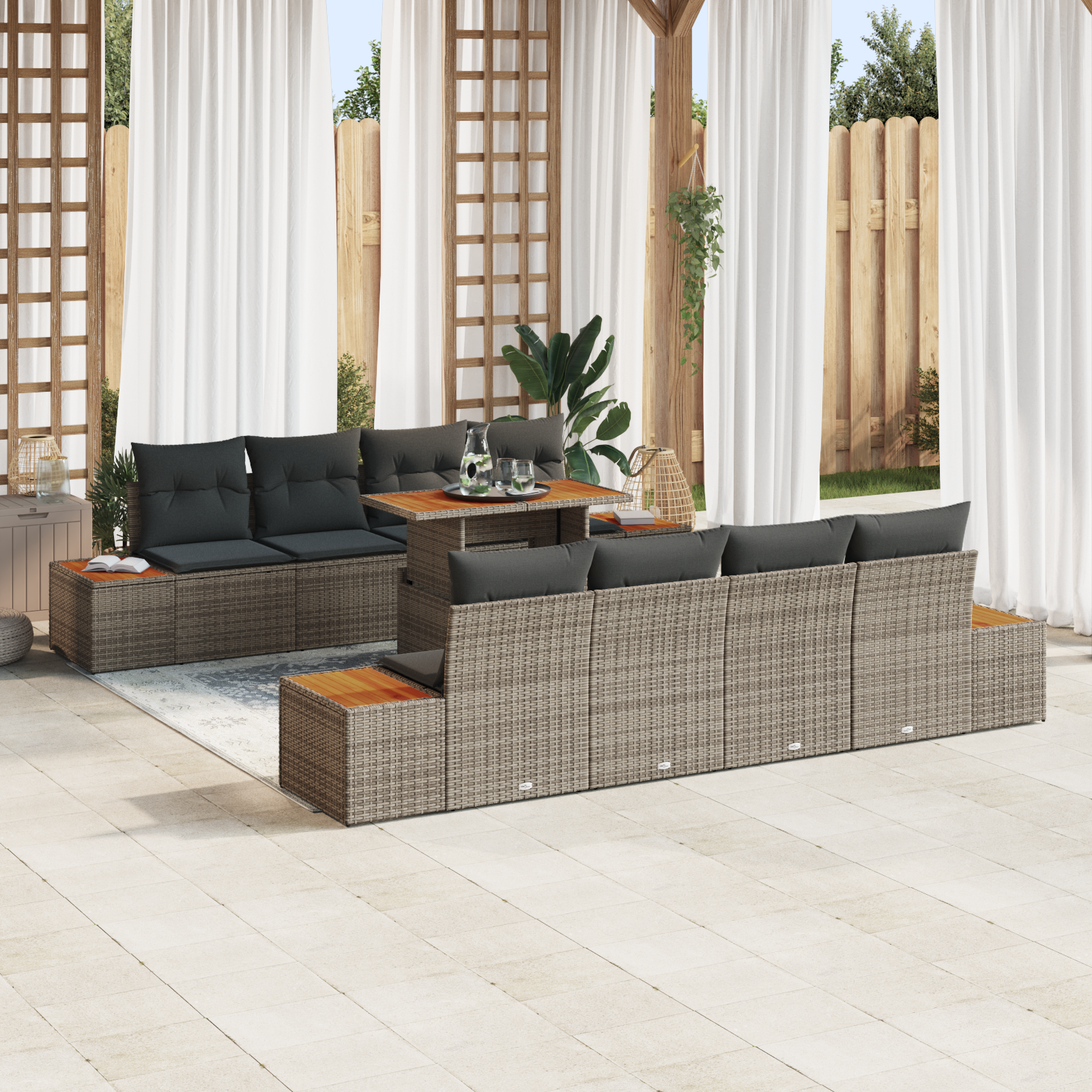 Conjunto de Sofá de Jardim 9 Peças com Almofadas Cinza Polirattan, Sofá de Jardim 2-Lugares com Armazenamento e Almofadas Cinza Polirattan Conjunto de Sofá de Jardim 9 Peças com Almofadas Cinza Polirattan, Sofá de Jardim 2-Lugares com Armazenamento e Almofadas Cinza Polirattan
