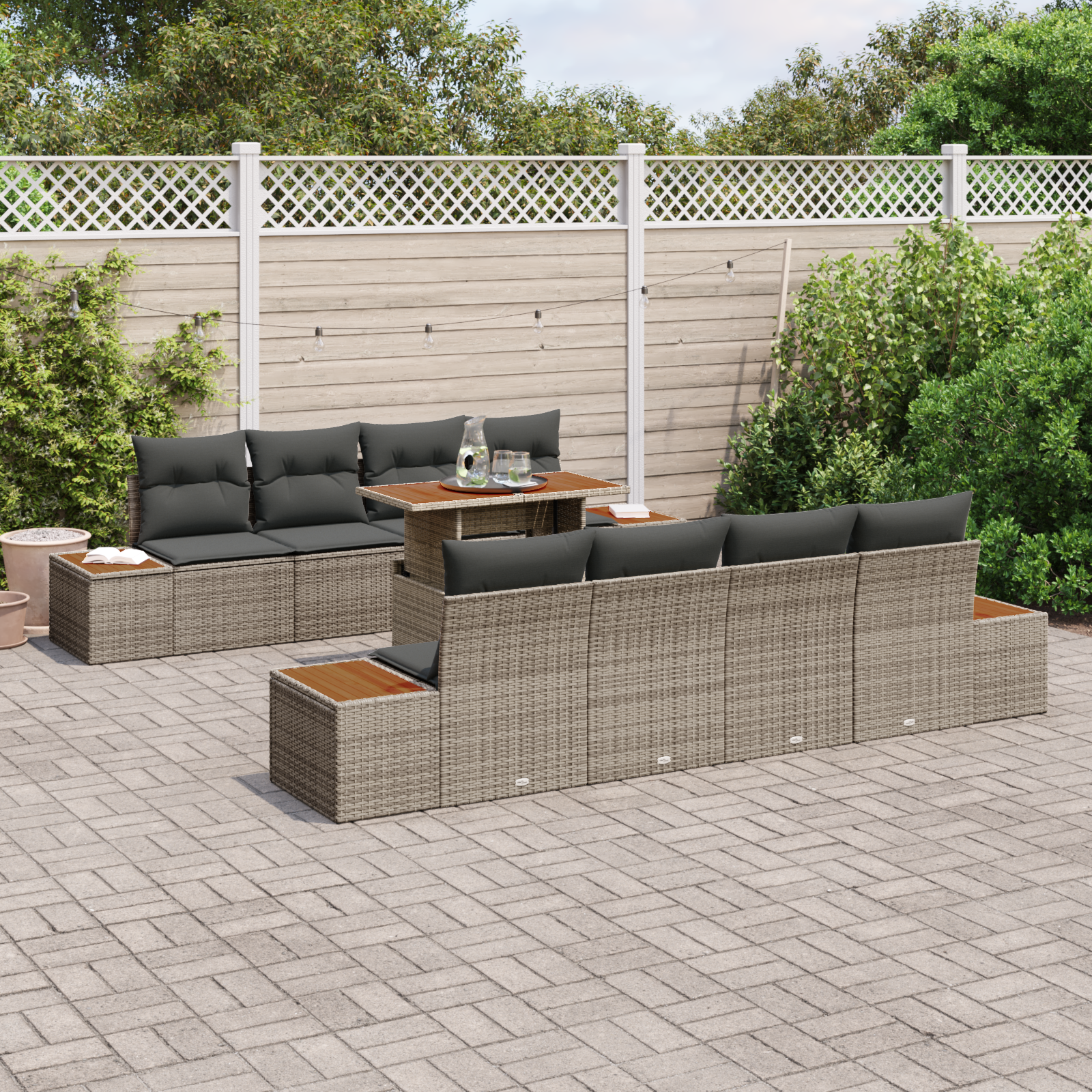 Conjunto de Sofá de Jardim 9 Peças com Almofadas Cinza Polirattan, Sofá de Jardim 2-Lugares com Armazenamento e Almofadas Cinza Polirattan