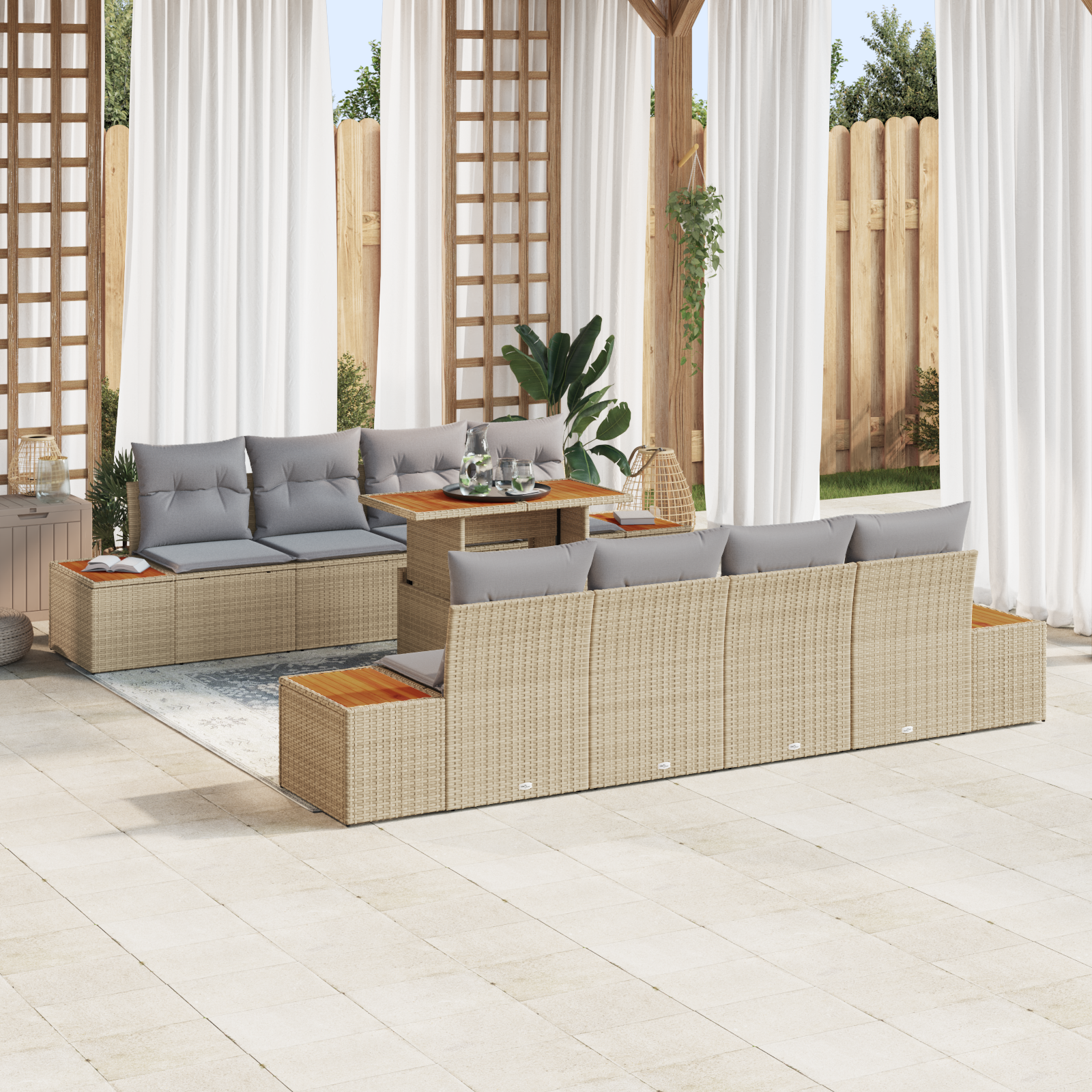 Conjunto de Sofá de Jardim de 9 Peças com Almofadas Bege em Polyrattan, Sofá de Jardim de com Armazenamento e Almofadas Bege em Polyrattan Conjunto de Sofá de Jardim de 9 Peças com Almofadas Bege em Polyrattan, Sofá de Jardim de com Armazenamento e Almofadas Bege em Polyrattan