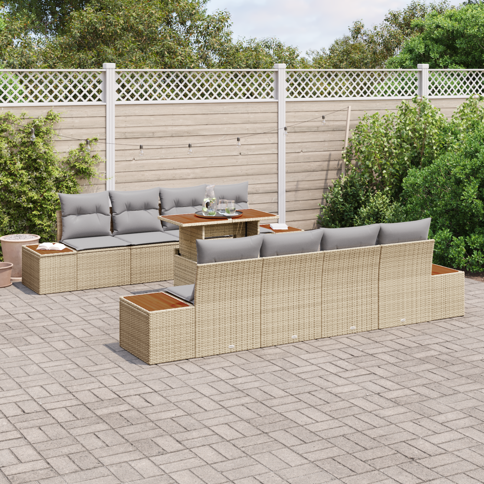 Conjunto de Sofá de Jardim de 9 Peças com Almofadas Bege em Polyrattan, Sofá de Jardim de com Armazenamento e Almofadas Bege em Polyrattan