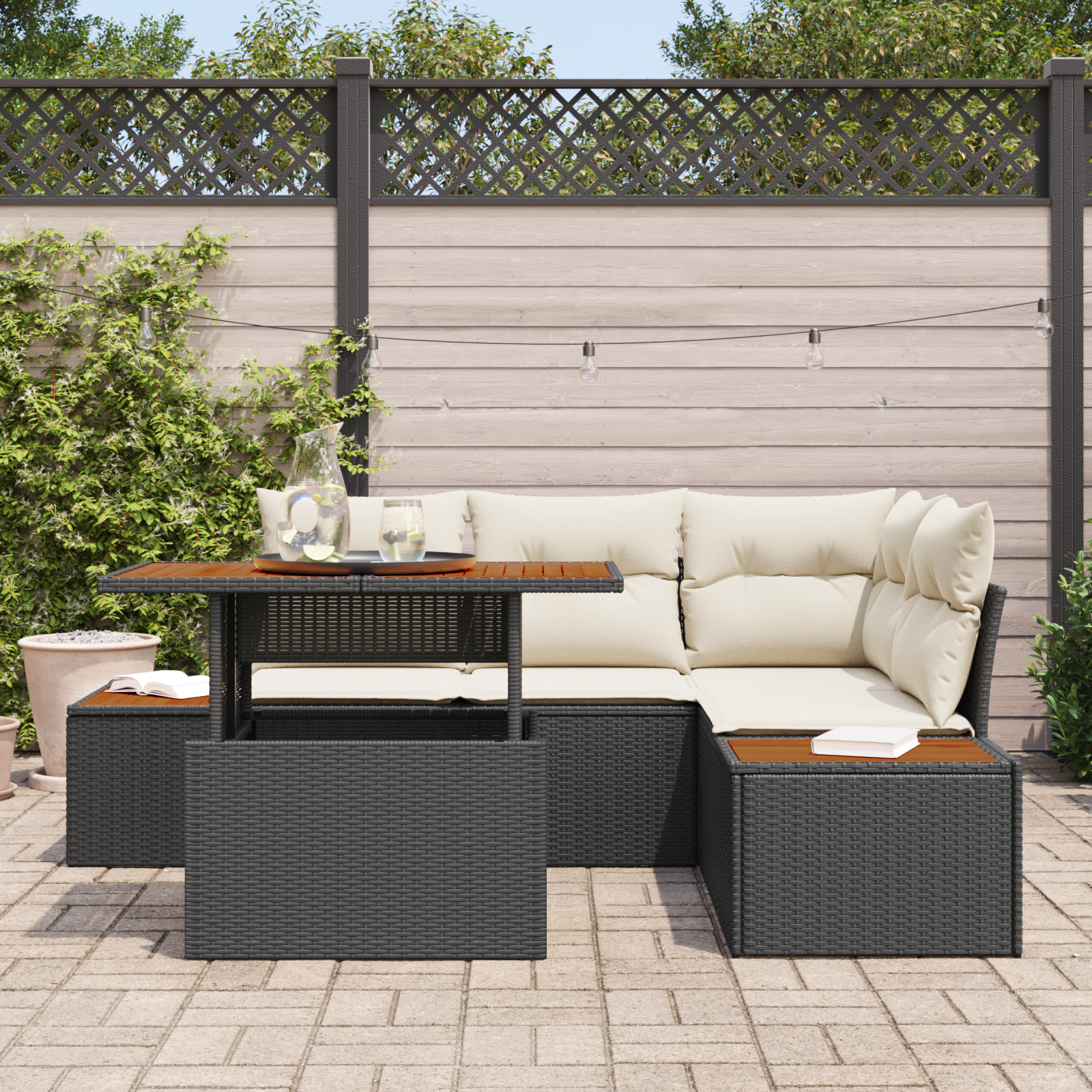 Conjunto de Sofá de Jardim 5 Peças com Almofadas Preto Rattan Sintético, Sofá de Jardim com Armazenamento e Almofadas Preto Rattan Sintético Conjunto de Sofá de Jardim 5 Peças com Almofadas Preto Rattan Sintético, Sofá de Jardim com Armazenamento e Almofadas Preto Rattan Sintético