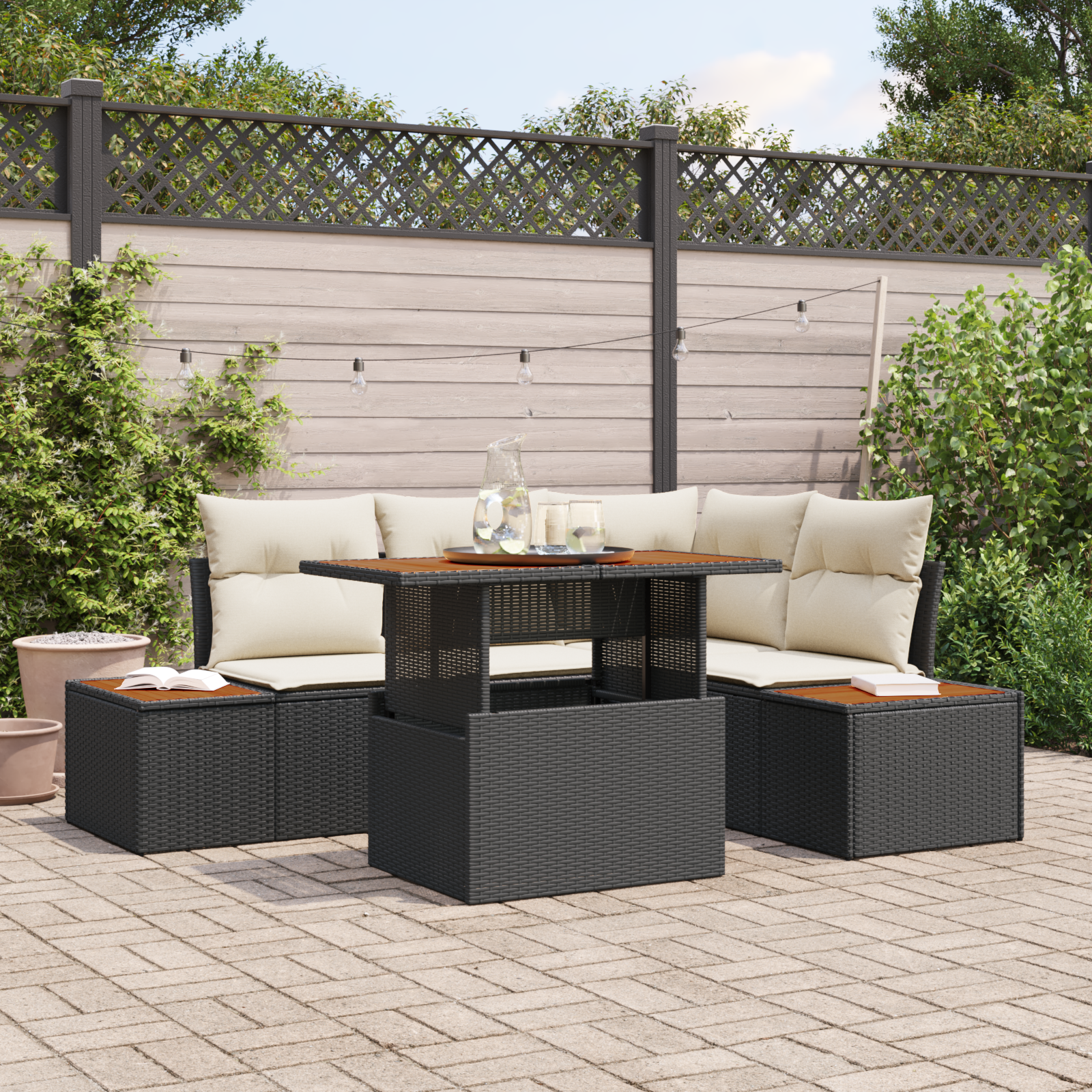 Conjunto de Sofá de Jardim 5 Peças com Almofadas Preto Rattan Sintético, Sofá de Jardim com Armazenamento e Almofadas Preto Rattan Sintético