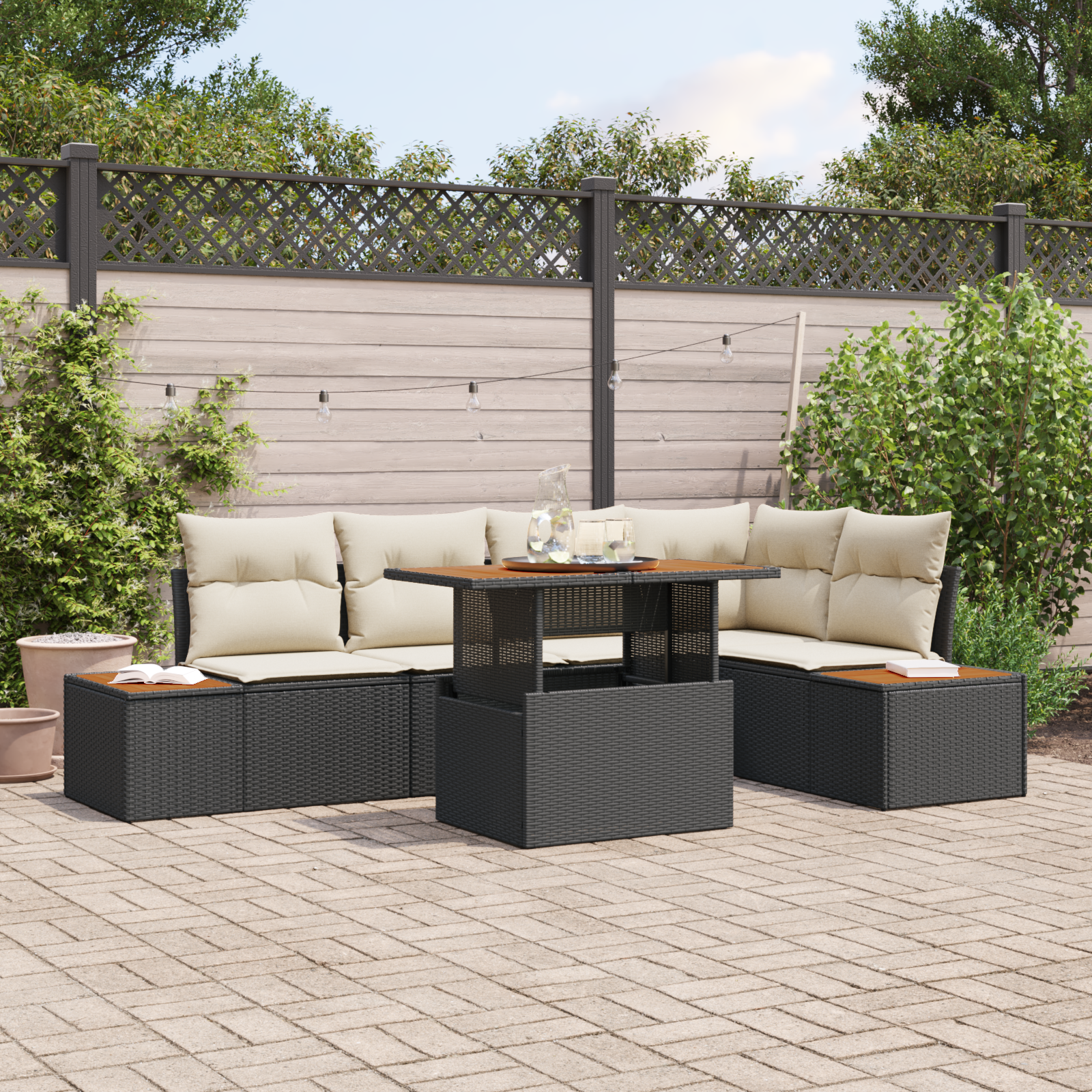 Conjunto de Sofá de Jardim 6 Peças com Almofadas Preto Rattan de Poliéster, Sofá de Jardim com Armazenamento e Almofadas Preto Rattan de Poliéster Conjunto de Sofá de Jardim 6 Peças com Almofadas Preto Rattan de Poliéster, Sofá de Jardim com Armazenamento e Almofadas Preto Rattan de Poliéster