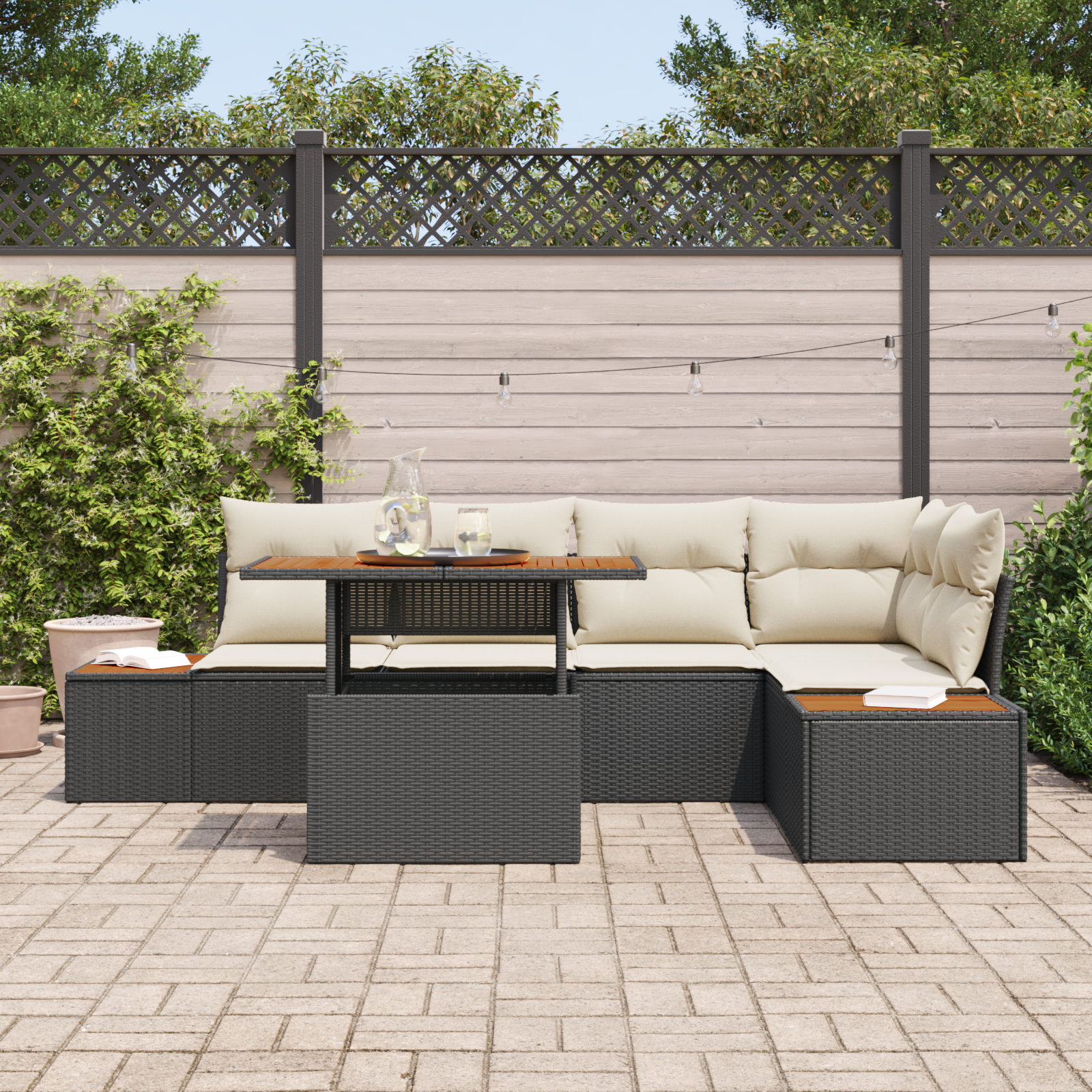 Conjunto de Sofá de Jardim 6 Peças com Almofadas Preto Rattan de Poliéster, Sofá de Jardim com Armazenamento e Almofadas Preto Rattan de Poliéster