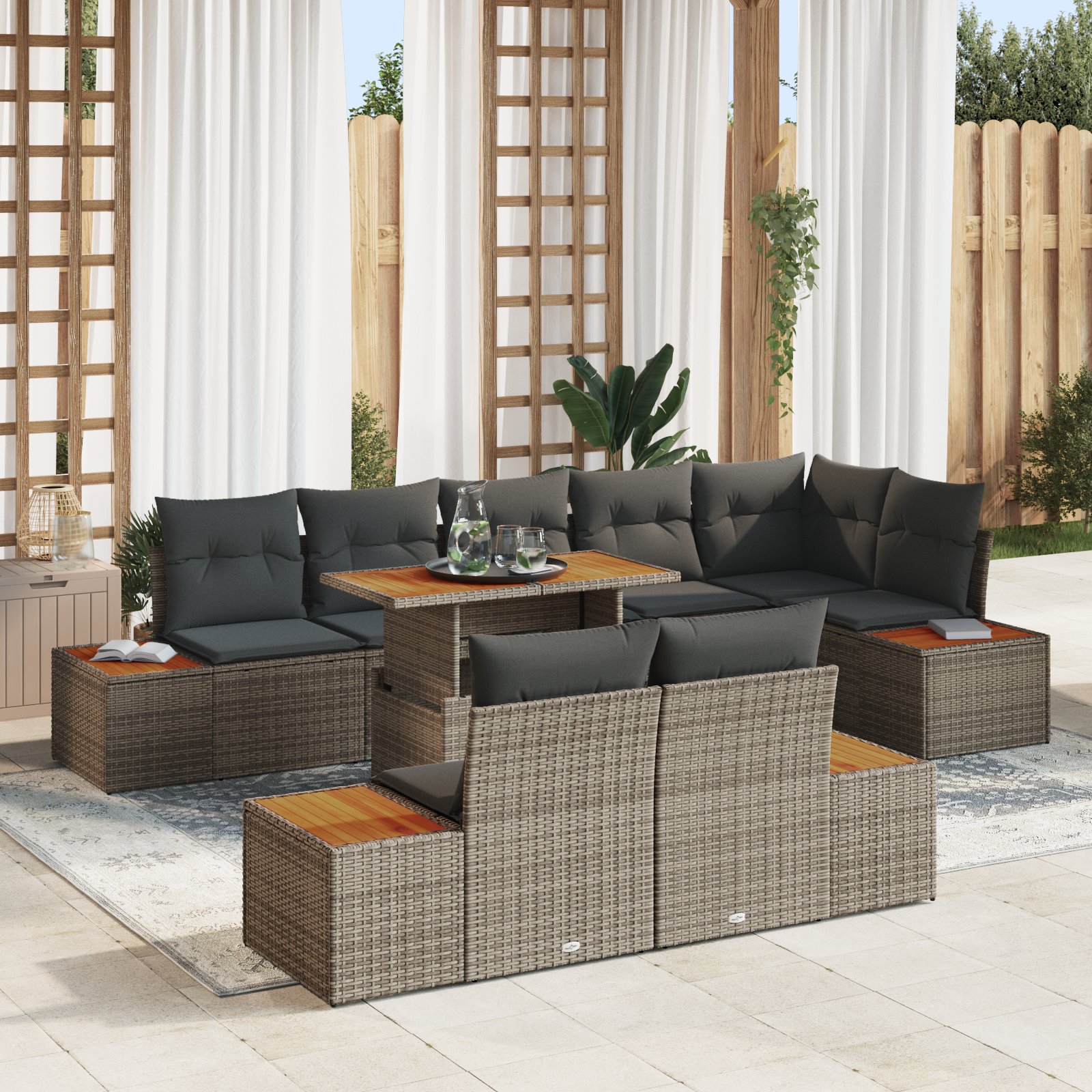 Set Divano da Giardino a 9 Pezzi con Cuscini Grigio Polyrattan