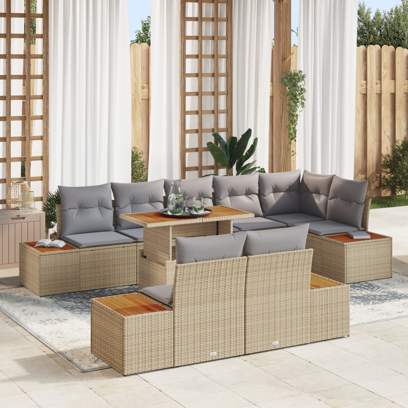 Set di Divani da Giardino da 9 Pezzi con Cuscini Beige in Rattan Poliestere