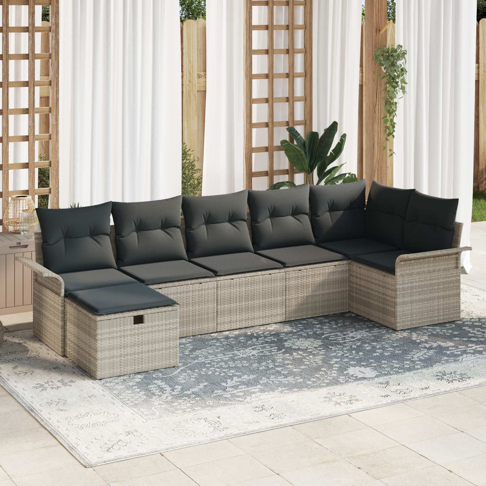 7-teiliges Garten Sofa Set mit Kissen in Hellgrau Poly Rattan