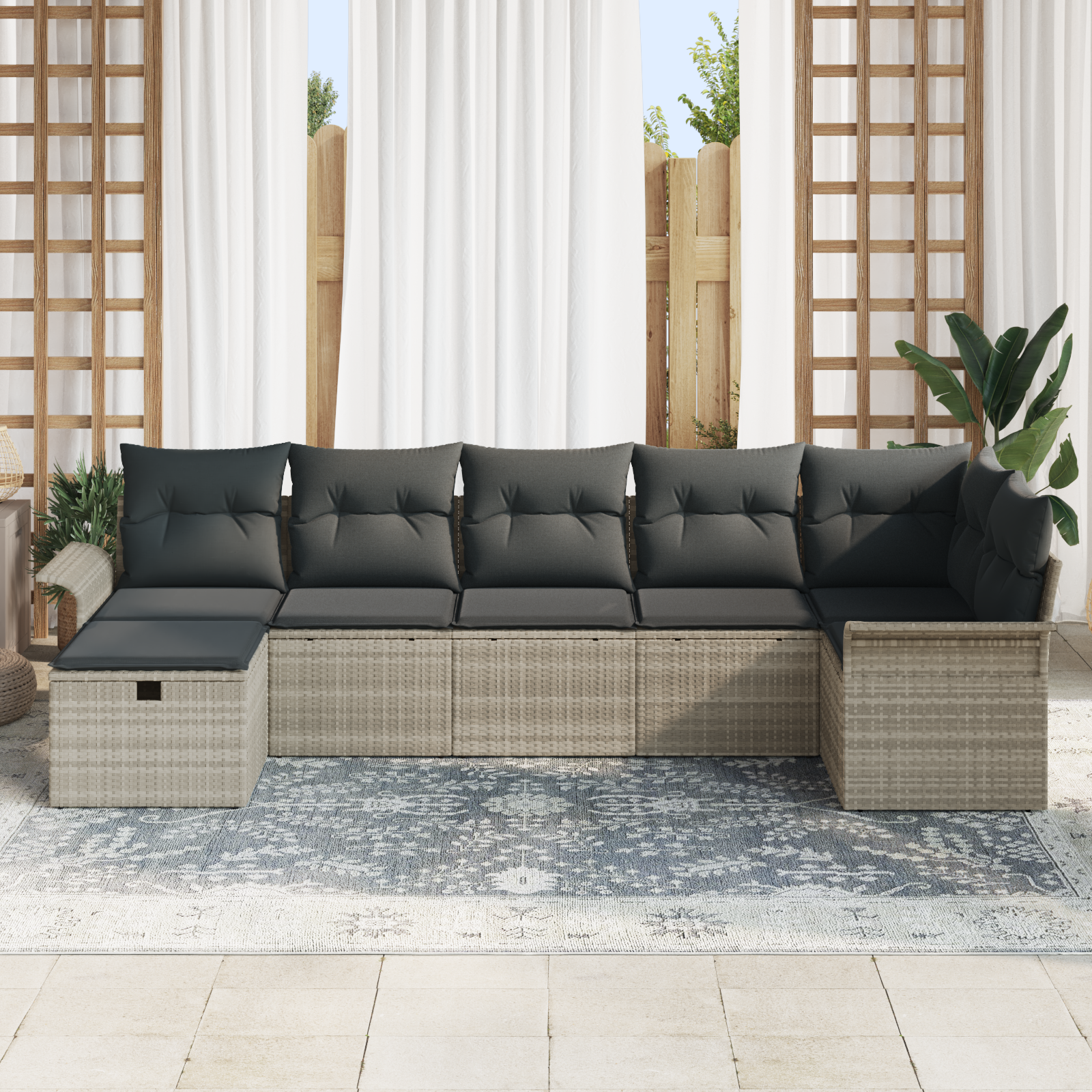 7-teiliges Garten Sofa Set mit Kissen in Hellgrau Poly Rattan – Bild 3