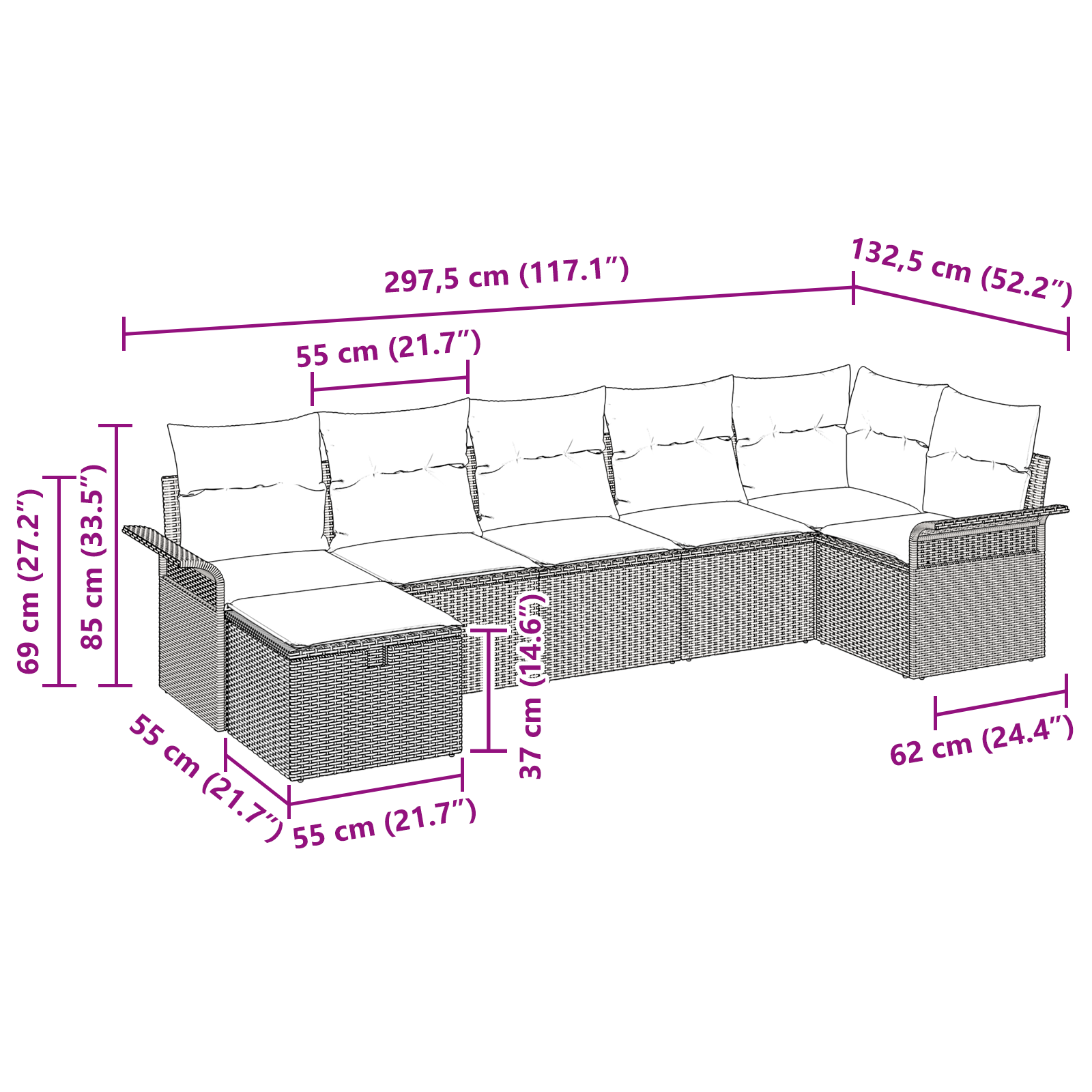 7-teiliges Garten Sofa Set mit Kissen in Hellgrau Poly Rattan – Bild 10