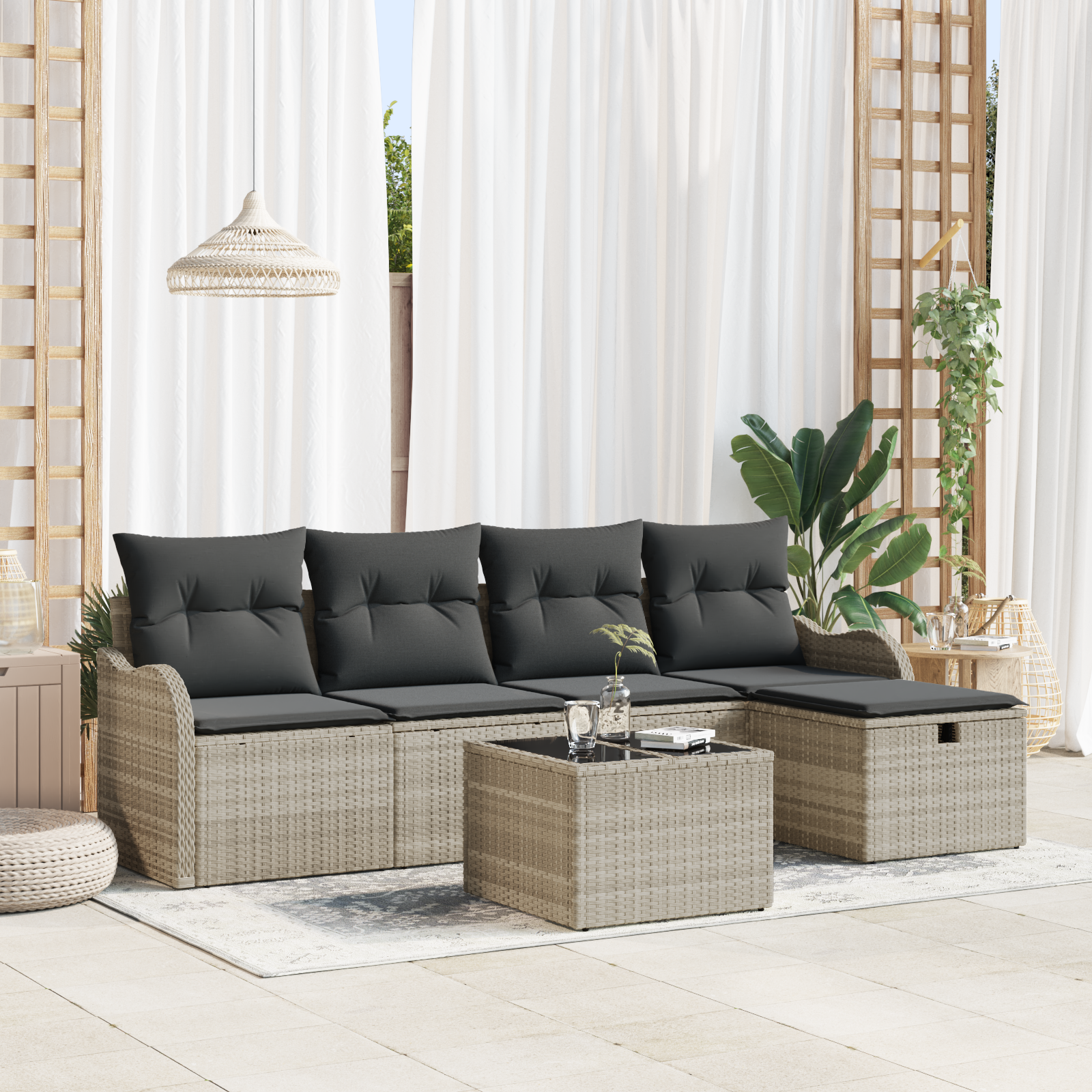 6-teiliges Garten Sofa Set mit Kissen in hellgrauem Poly Rattan