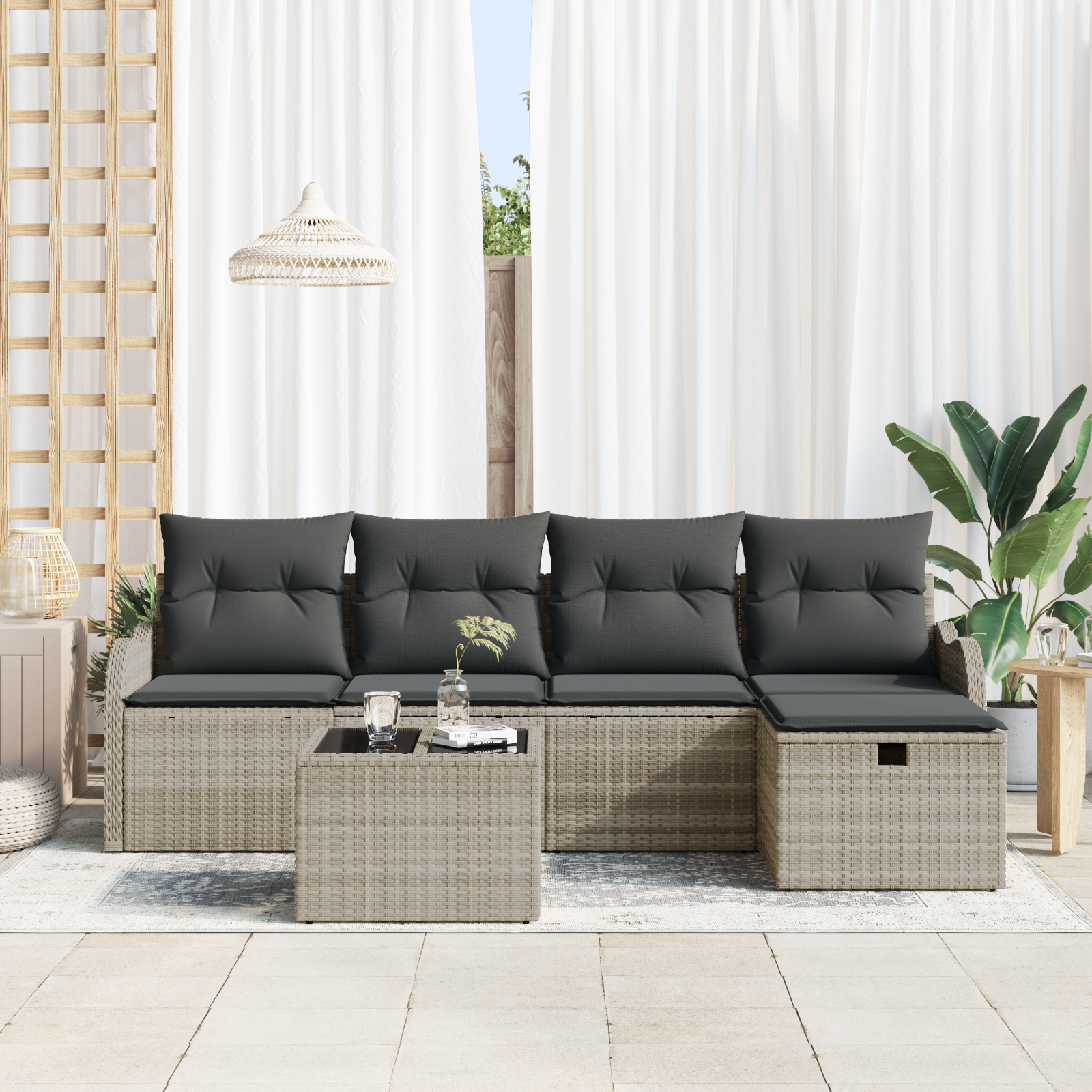 6-teiliges Garten Sofa Set mit Kissen in hellgrauem Poly Rattan – Bild 3